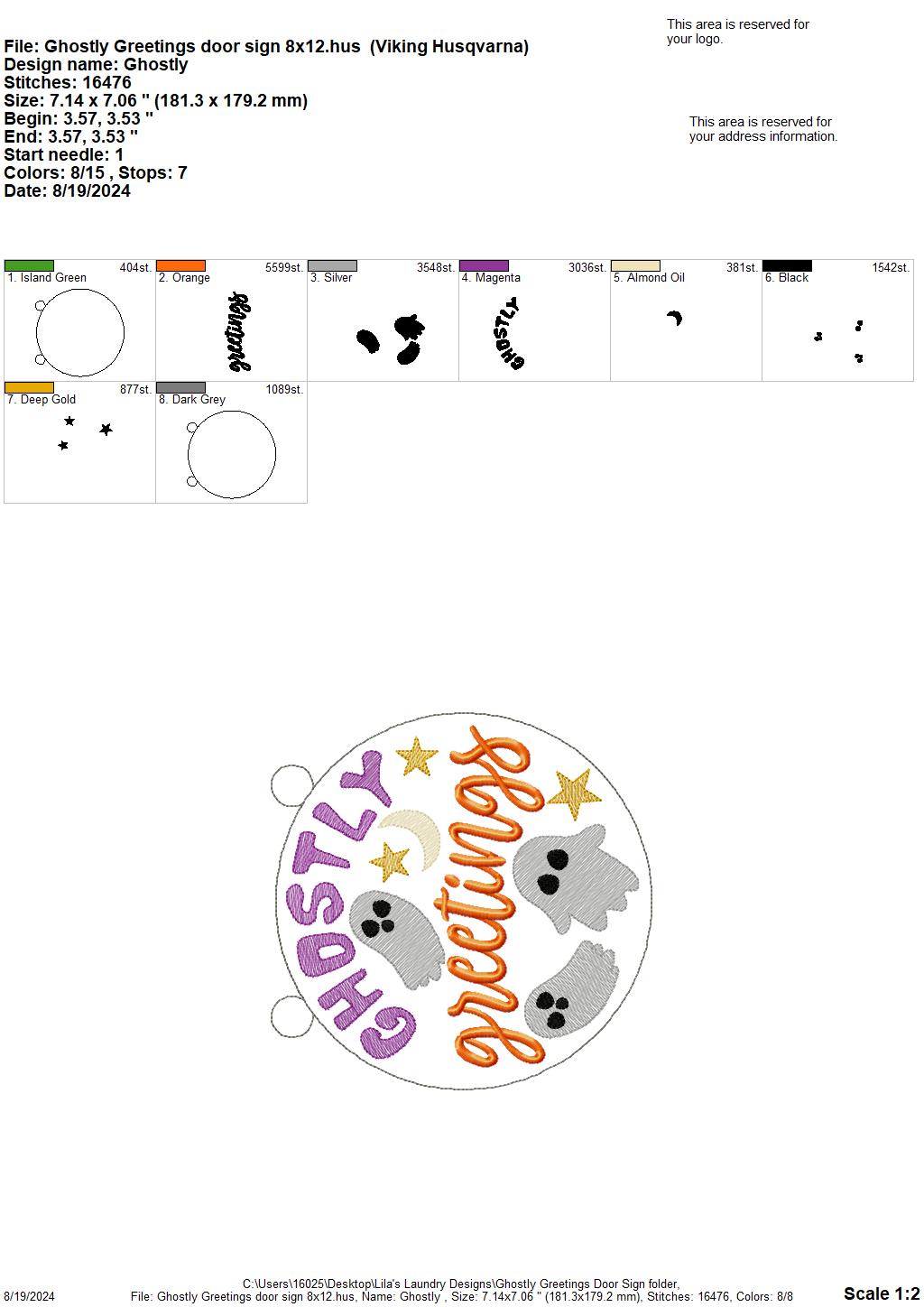 Ghostly Greetings Door Sign - 3 Sizes - Digital Embroidery Design