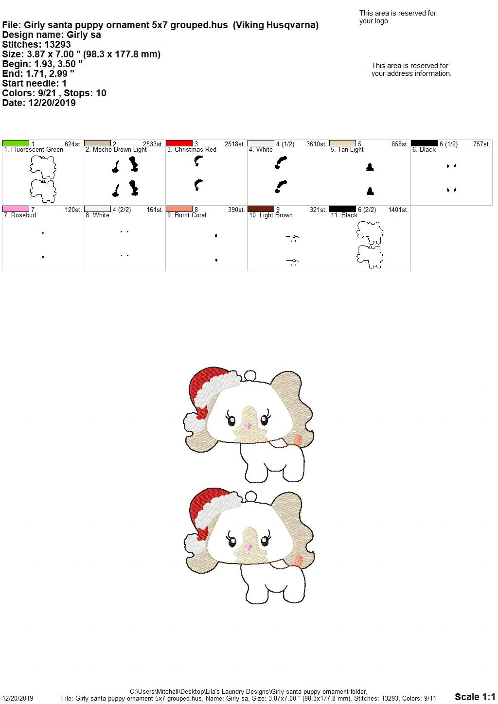 Girly Santa Puppy Ornament 4x4 and 5x7 grouped - Digital Embroidery Design