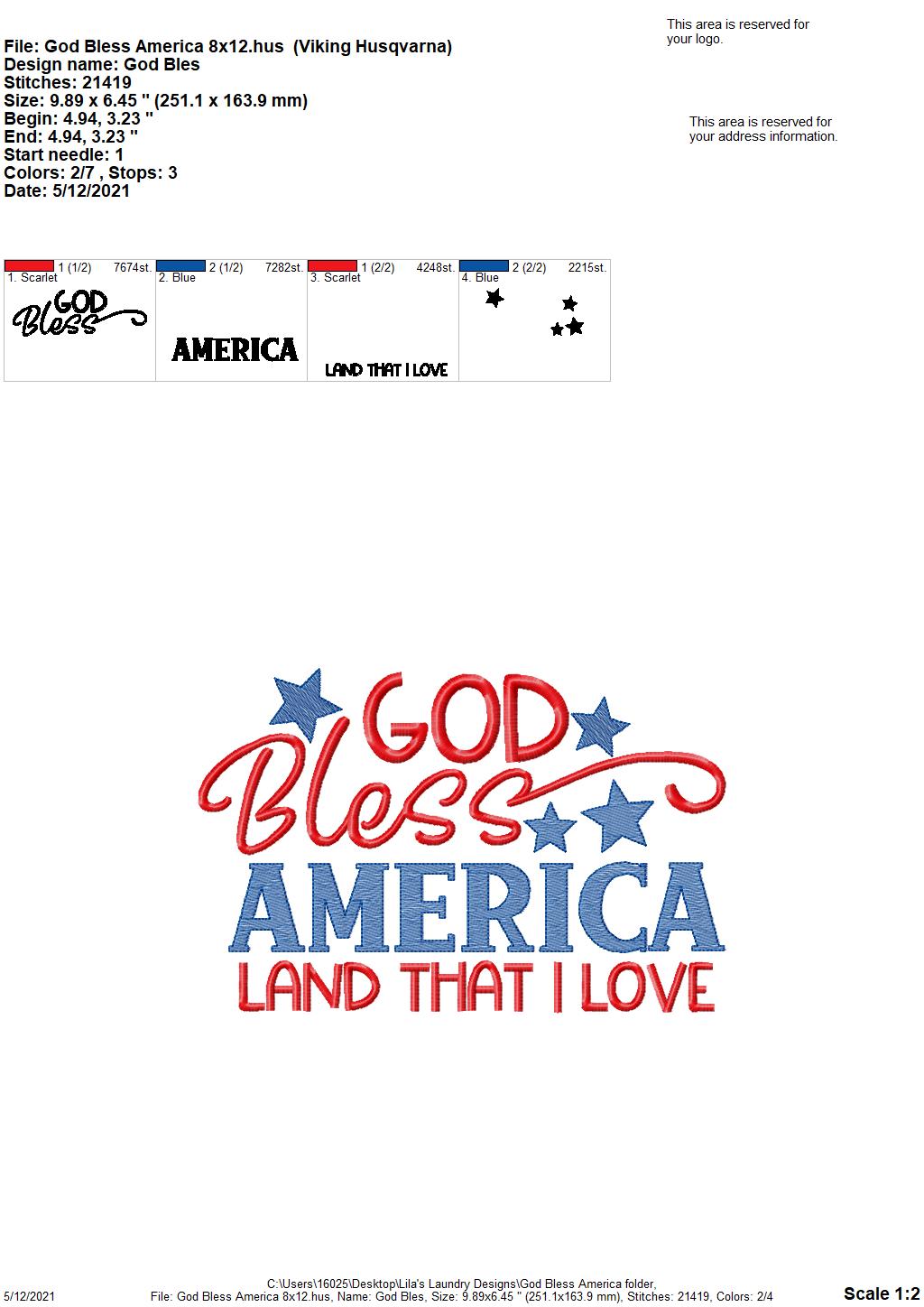 God Bless America - 3 sizes- Digital Embroidery Design