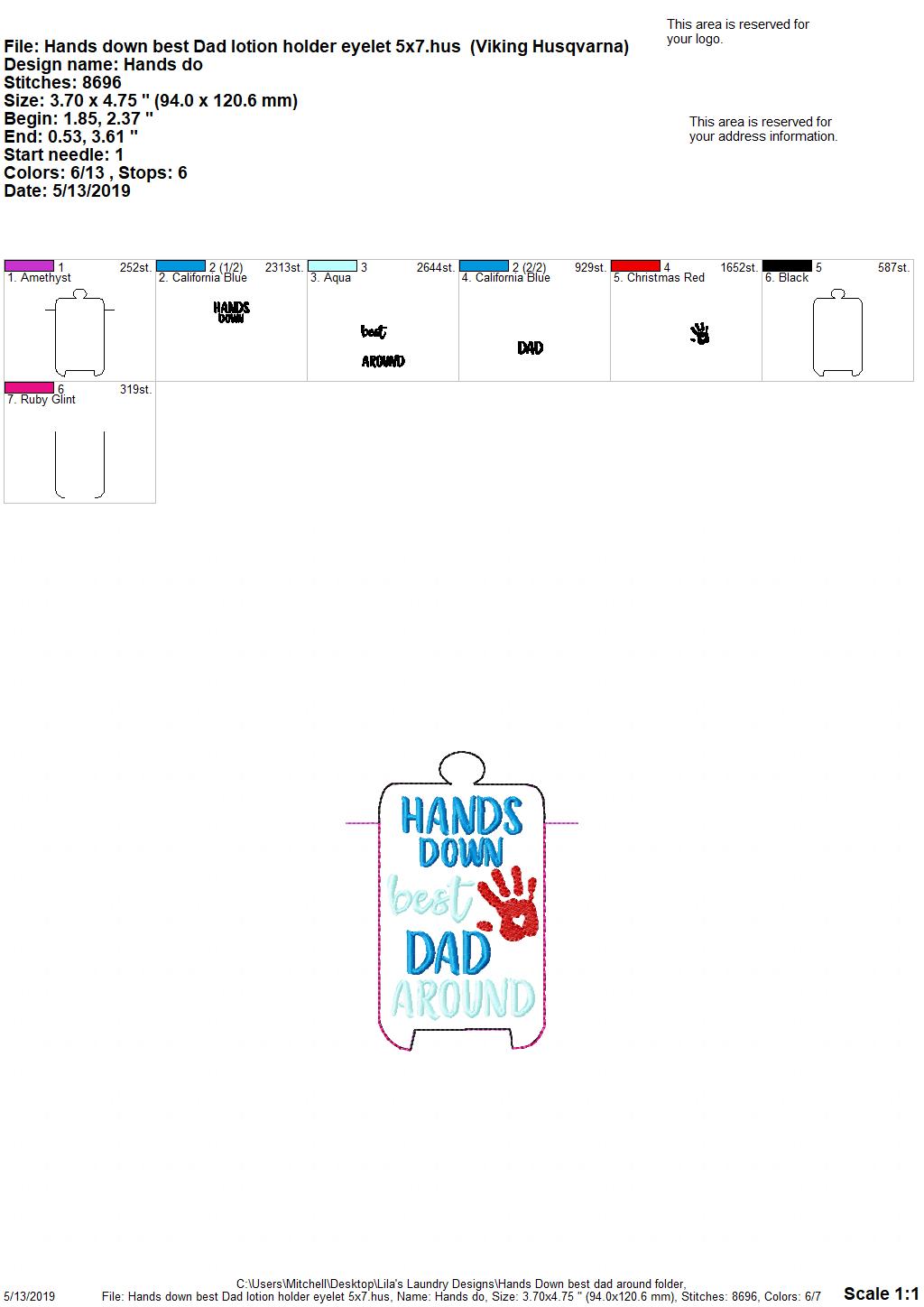 Hands Down Best Dad Around Lotion Holders 5x7 included- DIGITAL Embroidery DESIGN