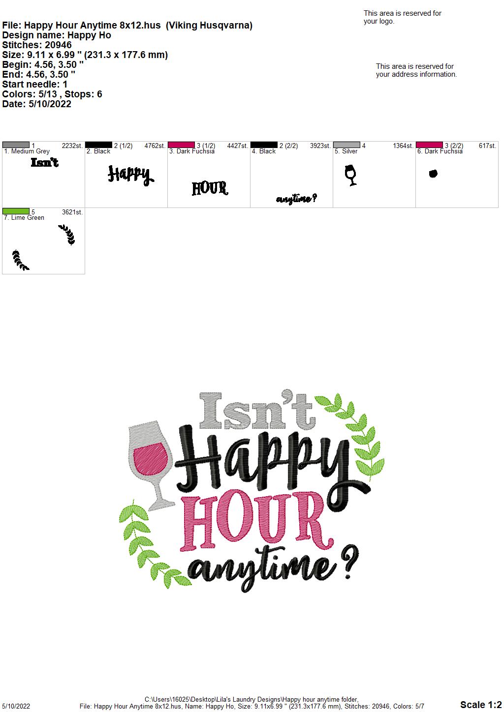Happy Hour Anytime - 3 sizes- Digital Embroidery Design