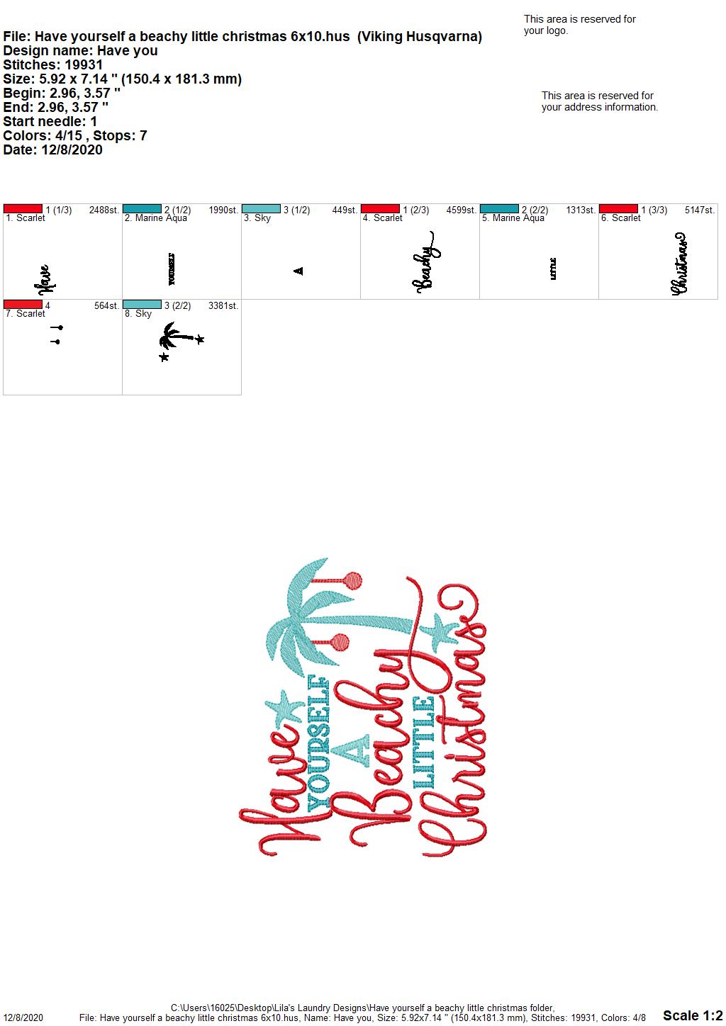 Have Yourself a Beachy Little Christmas -2 sizes - Digital Embroidery Design