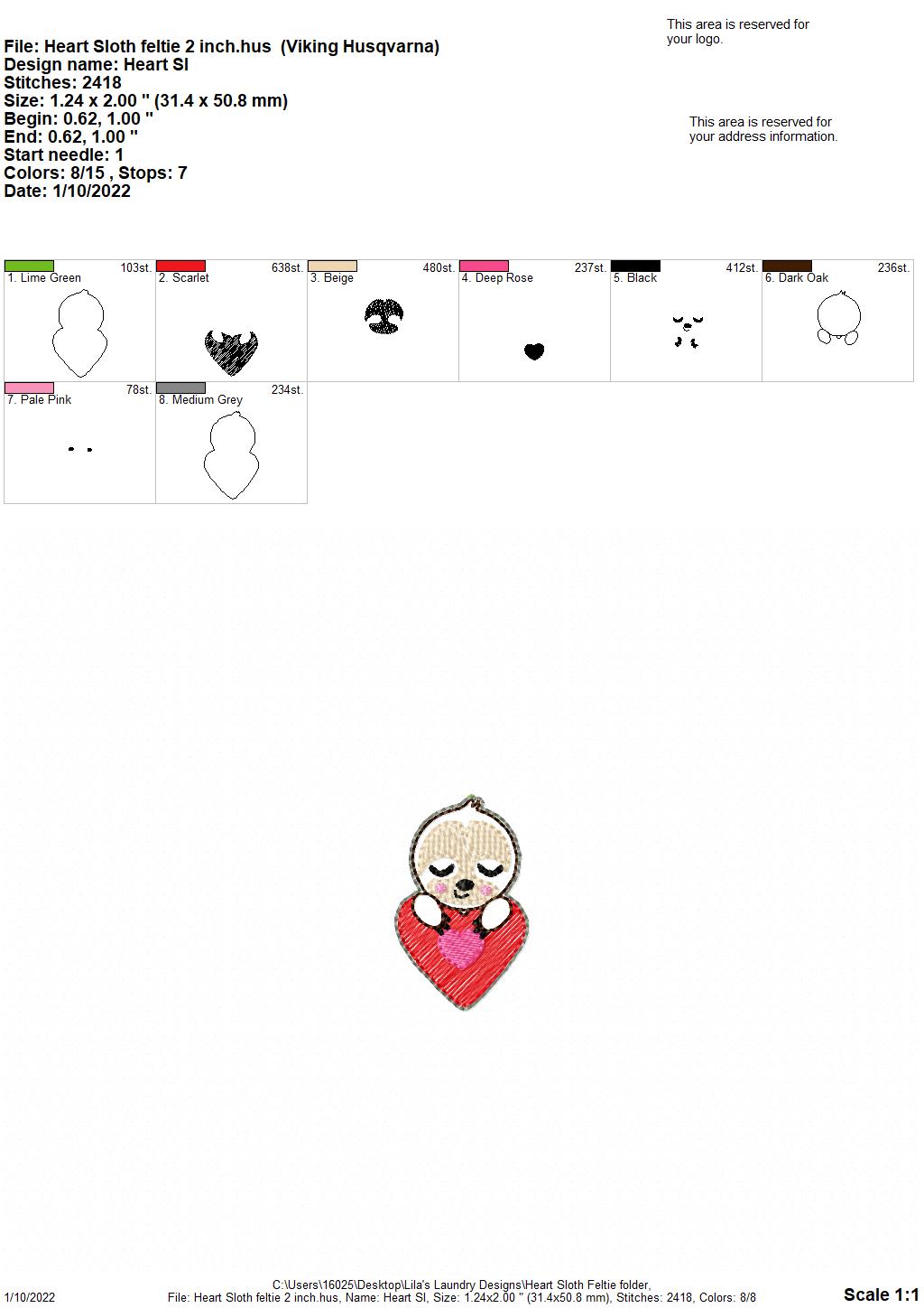 Heart Sloth Feltie - Digital Embroidery Design