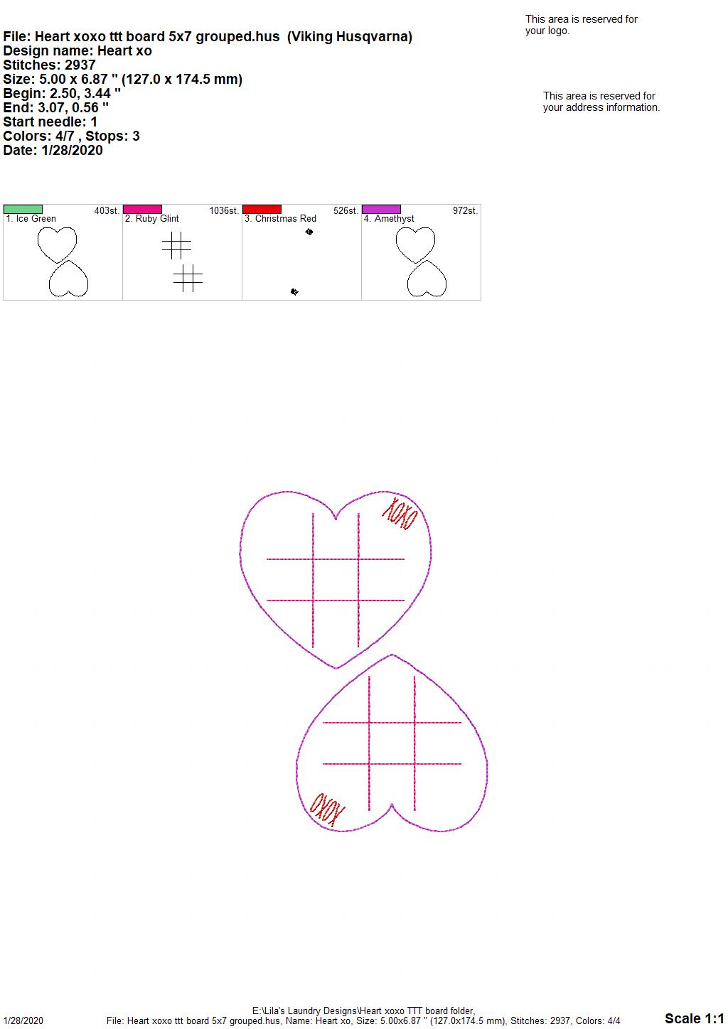 Heart XOXO Tic Tac Toe Board - Digital Embroidery Design