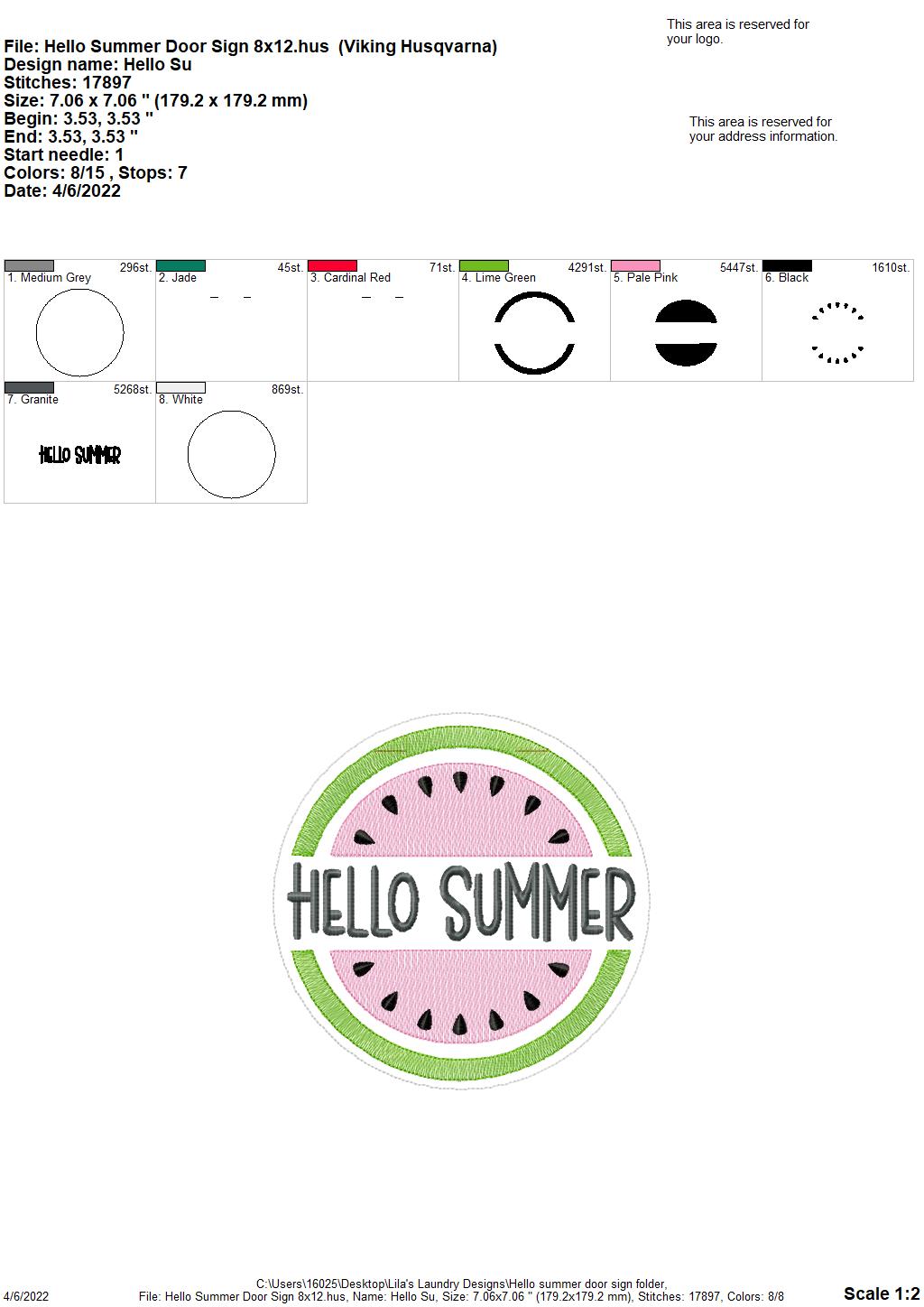Hello Summer Door Sign - 3 sizes - Digital Embroidery Design