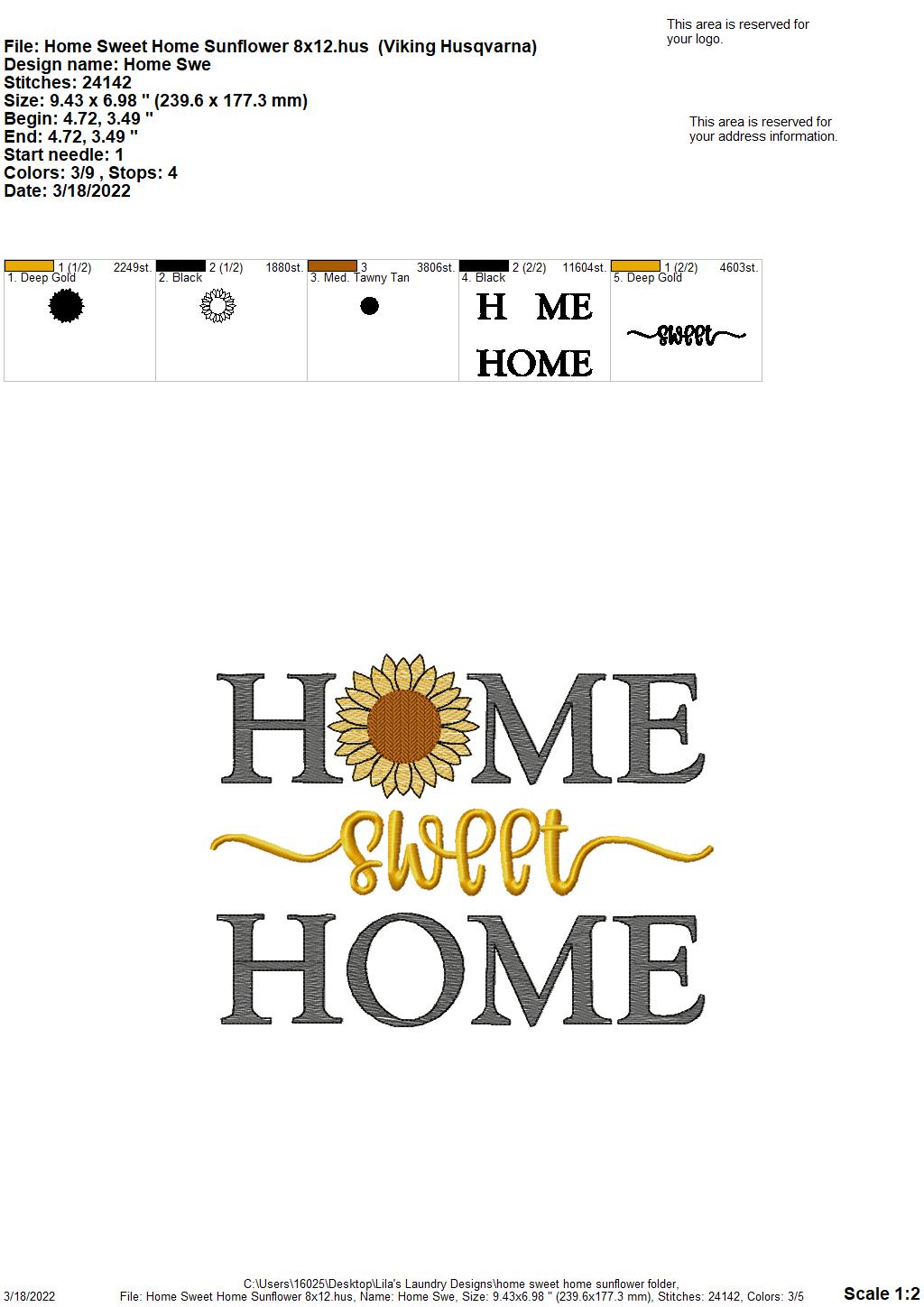 Home Sweet Home Sunflower - 4 sizes- Digital Embroidery Design