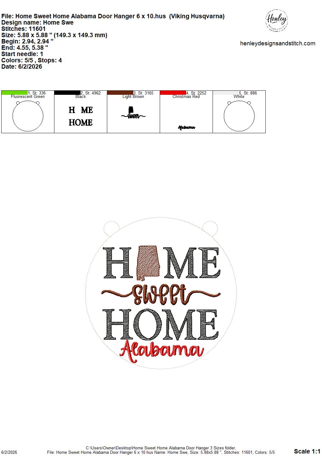 Home Sweet Home – Alabama – DOOR HANGER – 5 x 7, 8 x 8, and 6 x 10 In The Hoop – DIGITAL Embroidery DESIGN