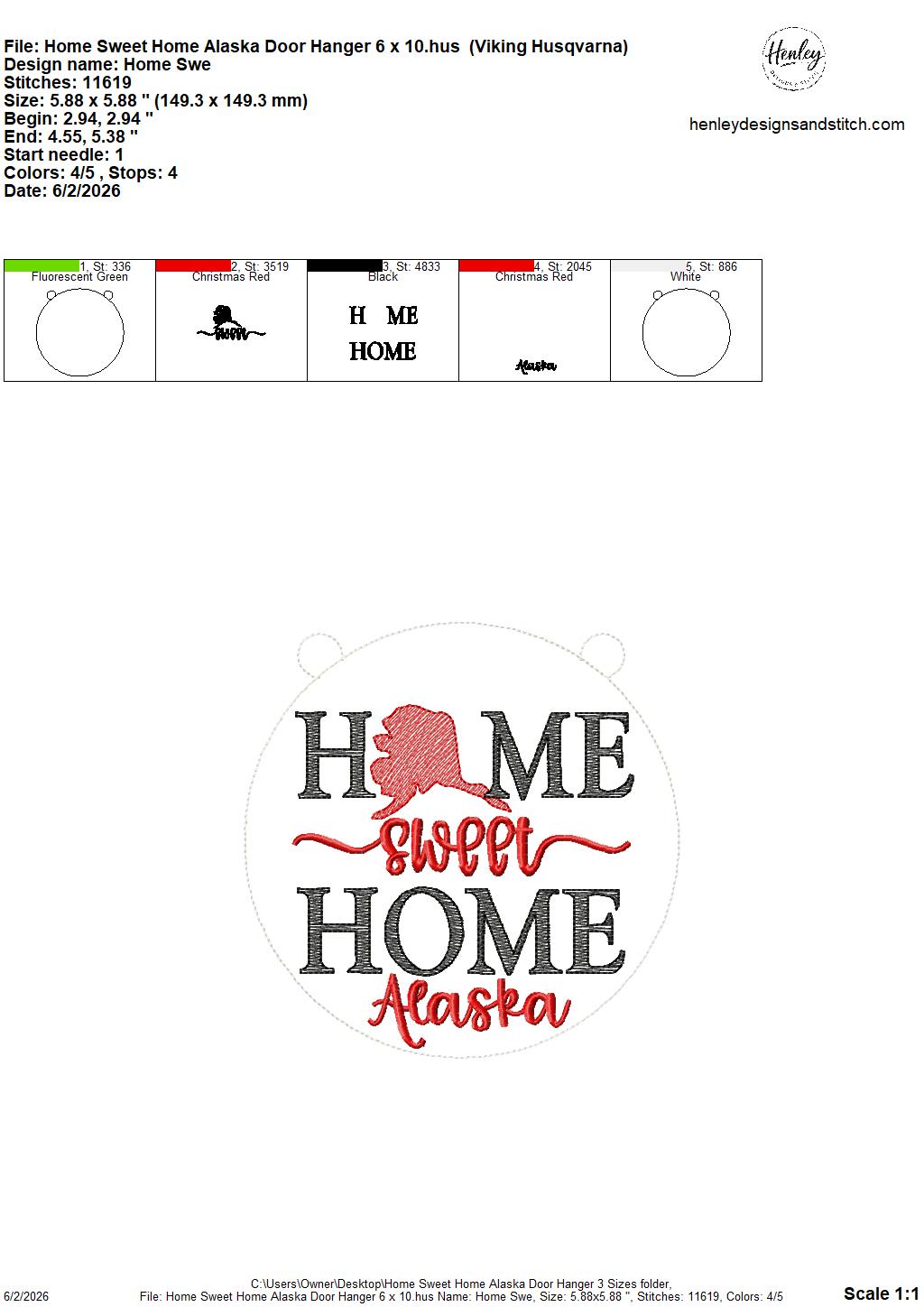 Home Sweet Home – Alaska – DOOR HANGER – 5 x 7, 8 x 8, and 6 x 10 In The Hoop – DIGITAL Embroidery DESIGN