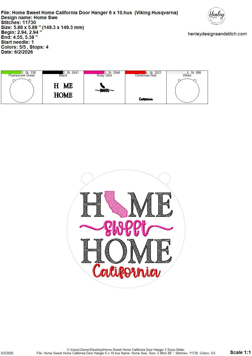 Home Sweet Home – California – DOOR HANGER – 5 x 7, 8 x 8, and 6 x 10 In The Hoop – DIGITAL Embroidery DESIGN