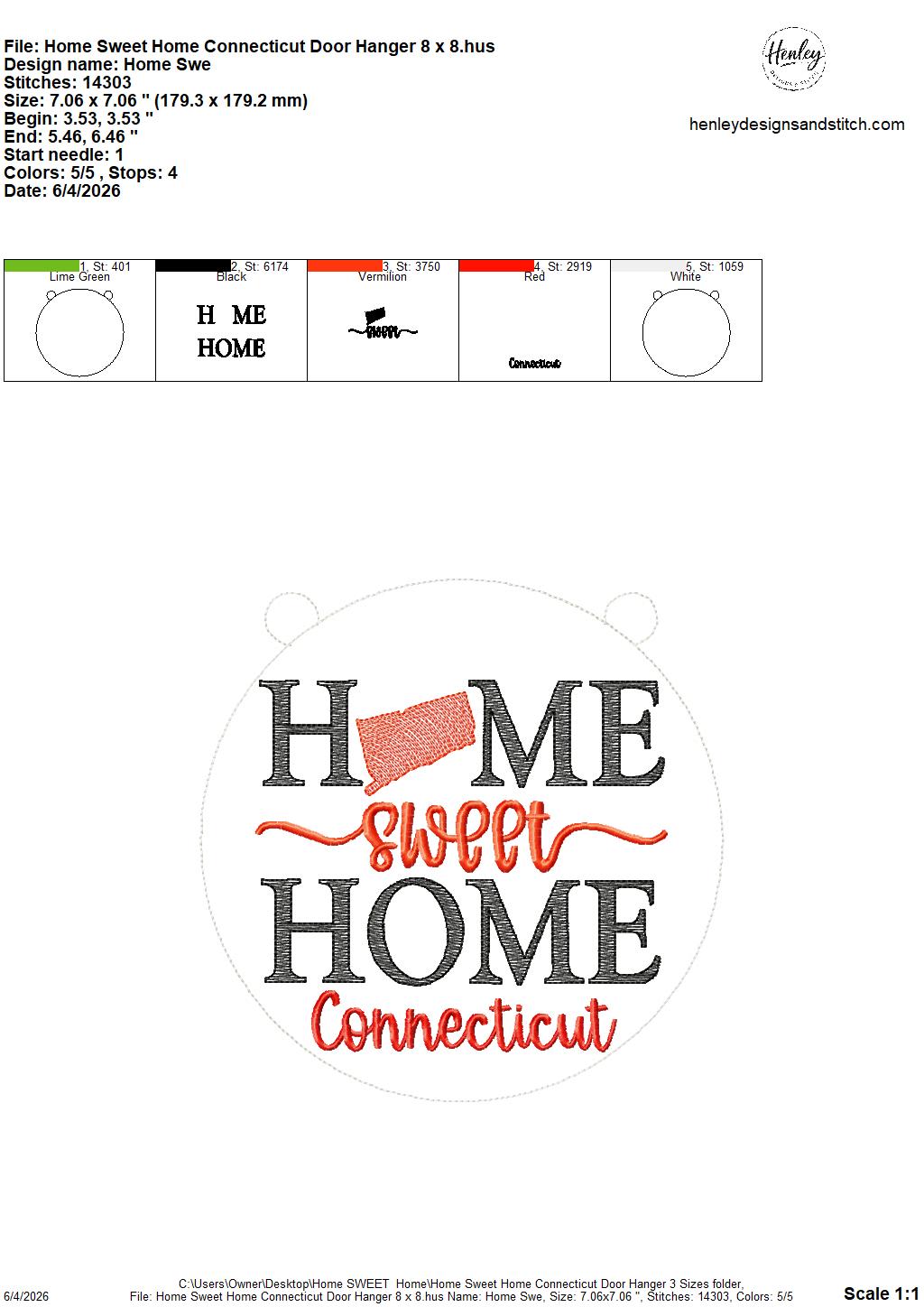 Home Sweet Home – Connecticut – DOOR HANGER – 5 x 7, 8 x 8, and 6 x 10 In The Hoop – DIGITAL Embroidery DESIGN