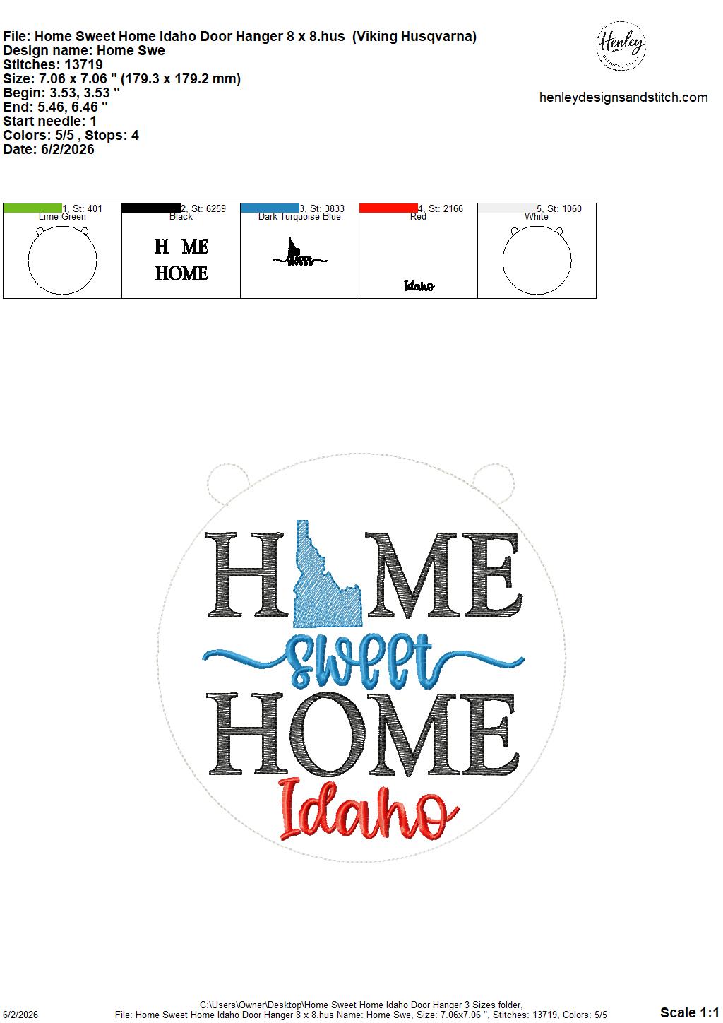 Home Sweet Home – Idaho – DOOR HANGER – 5 x 7, 8 x 8, and 6 x 10 In The Hoop – DIGITAL Embroidery DESIGN
