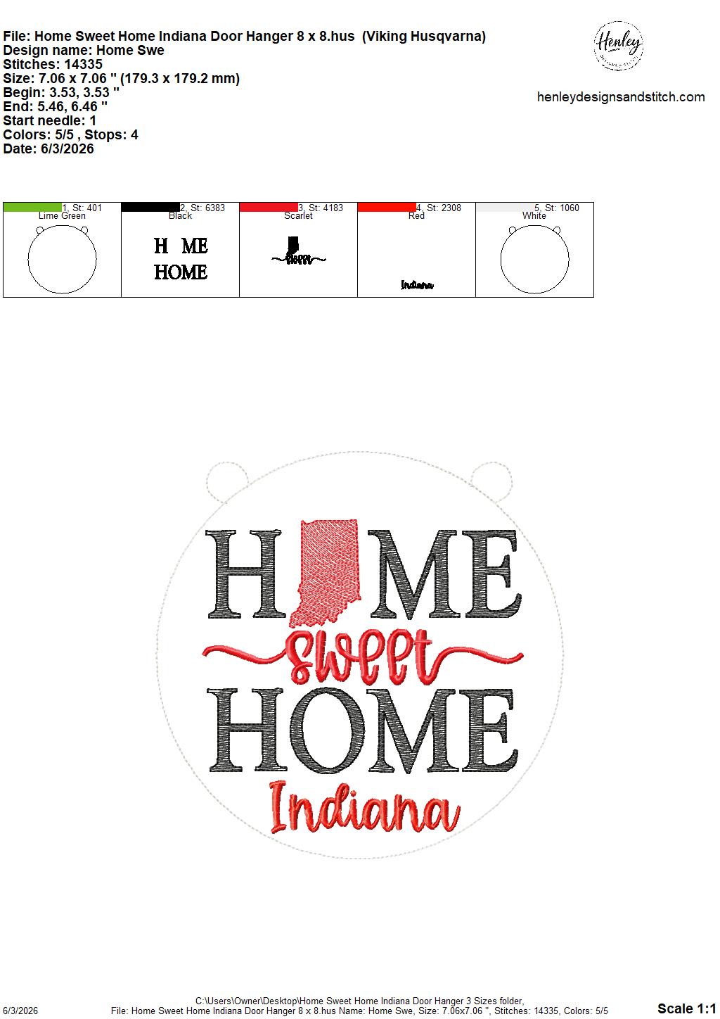 Home Sweet Home – Indiana – DOOR HANGER – 5 x 7, 8 x 8, and 6 x 10 In The Hoop – DIGITAL Embroidery DESIGN