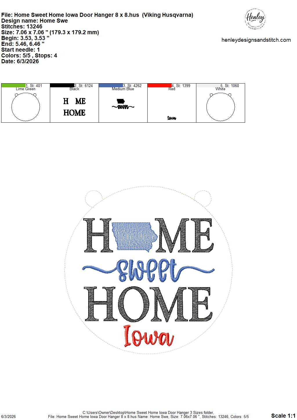Home Sweet Home – Iowa – DOOR HANGER – 5 x 7, 8 x 8, and 6 x 10 In The Hoop – DIGITAL Embroidery DESIGN