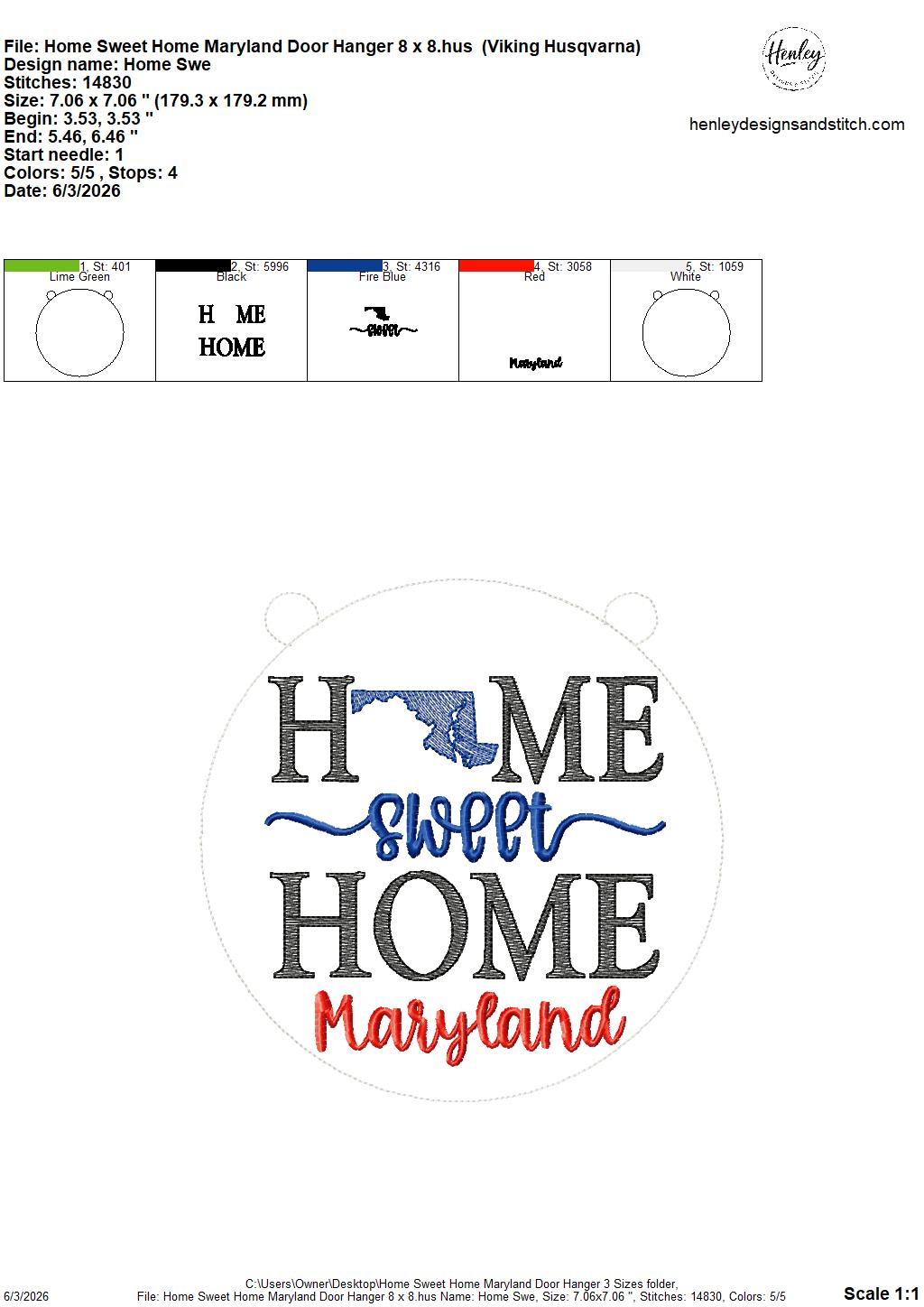 Home Sweet Home – Maryland – DOOR HANGER – 5 x 7, 8 x 8, and 6 x 10 In The Hoop – DIGITAL Embroidery DESIGN