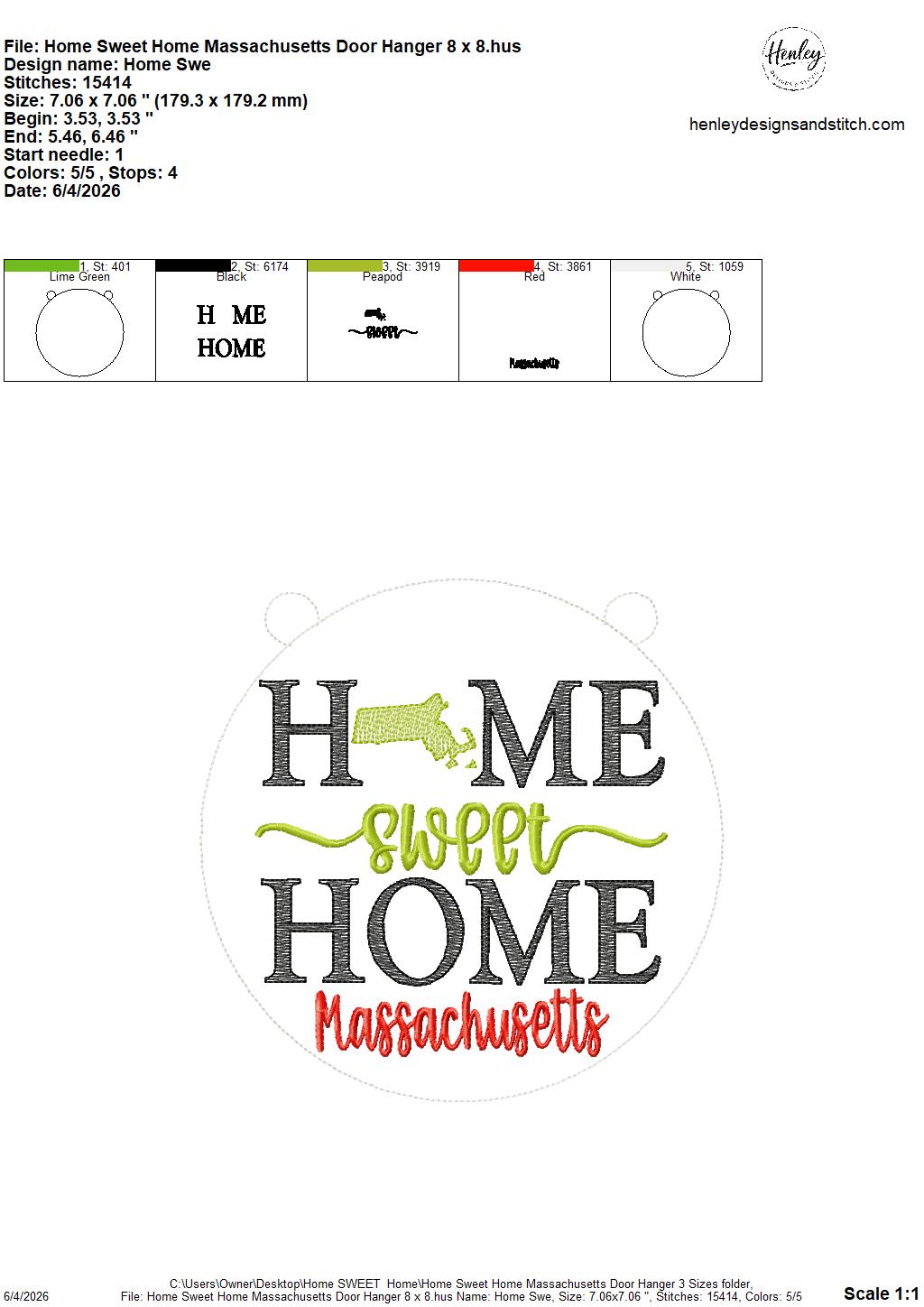 Home Sweet Home – Massachusetts – DOOR HANGER – 5 x 7, 8 x 8, and 6 x 10 In The Hoop – DIGITAL Embroidery DESIGN