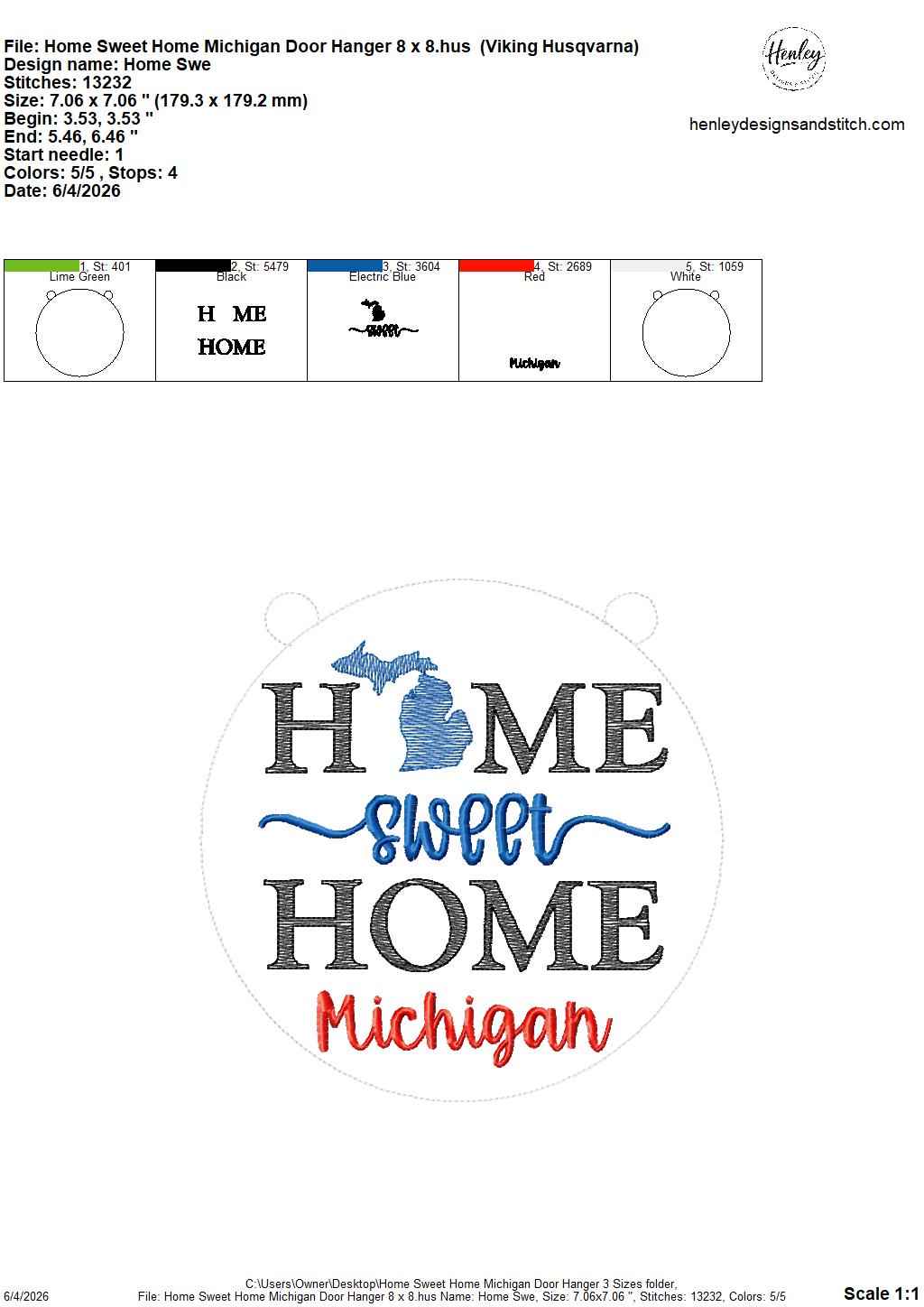 Home Sweet Home – Michigan – DOOR HANGER – 5 x 7, 8 x 8, and 6 x 10 In The Hoop – DIGITAL Embroidery DESIGN