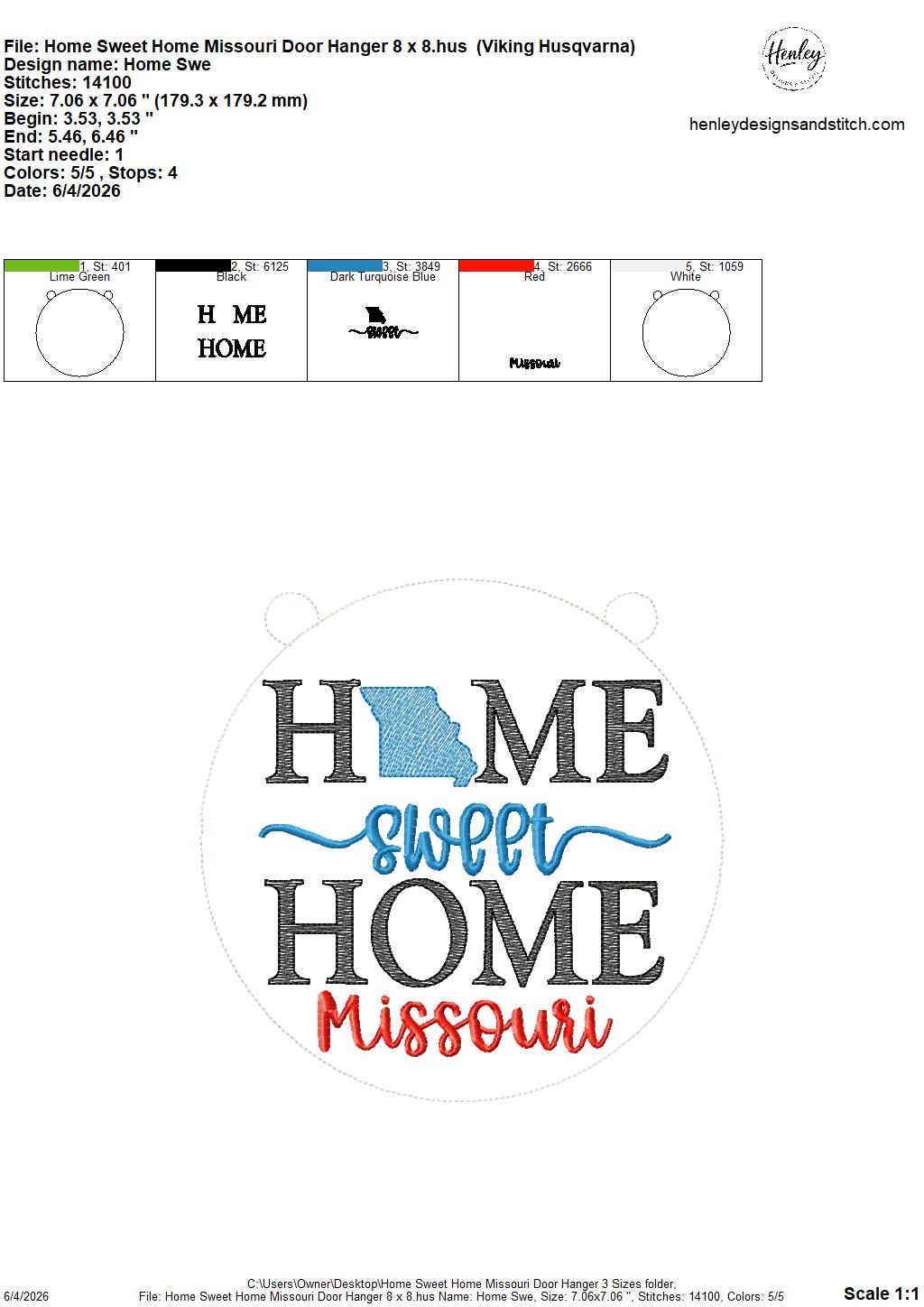 Home Sweet Home – Missouri- DOOR HANGER – 5 x 7, 8 x 8, and 6 x 10 In The Hoop – DIGITAL Embroidery DESIGN