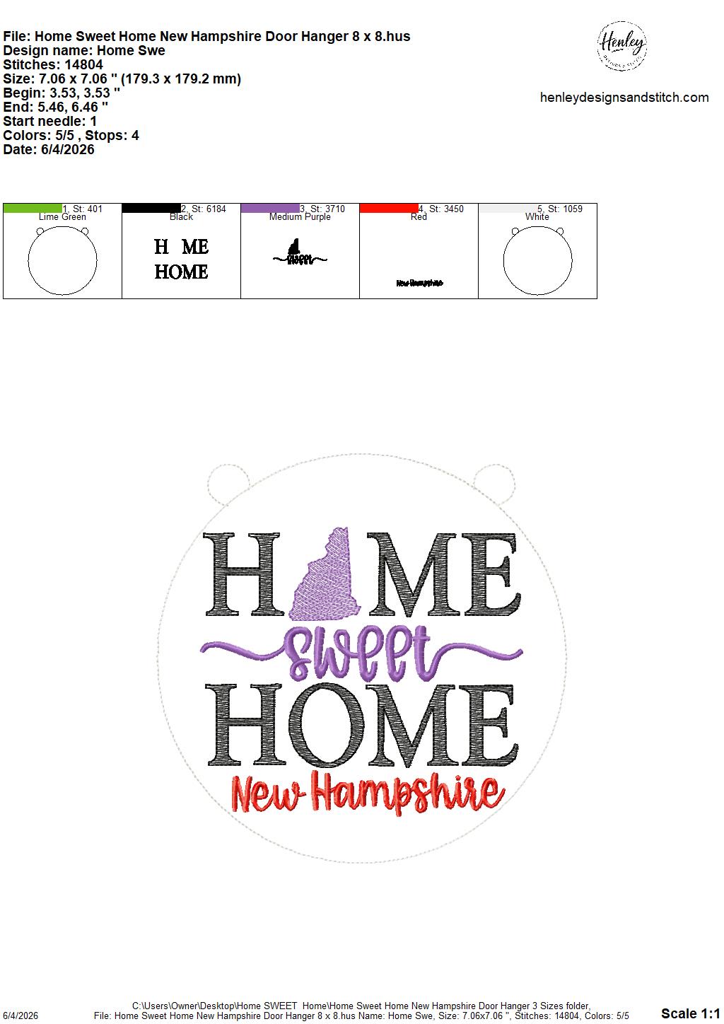 Home Sweet Home – New Hampshire – DOOR HANGER – 5 x 7, 8 x 8, and 6 x 10 In The Hoop – DIGITAL Embroidery DESIGN