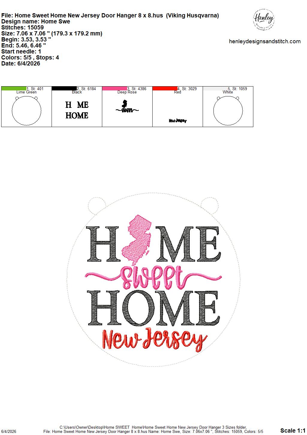 Home Sweet Home – New Jersey – DOOR HANGER – 5 x 7, 8 x 8, and 6 x 10 In The Hoop – DIGITAL Embroidery DESIGN
