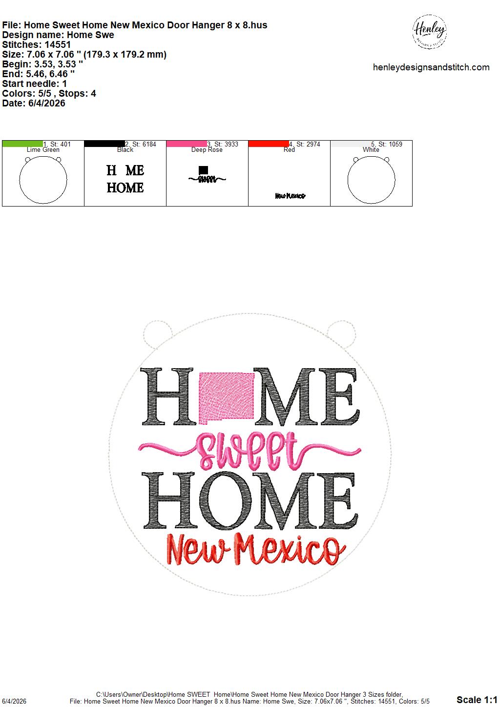 Home Sweet Home – New Mexico – DOOR HANGER – 5 x 7, 8 x 8, and 6 x 10 In The Hoop – DIGITAL Embroidery DESIGN