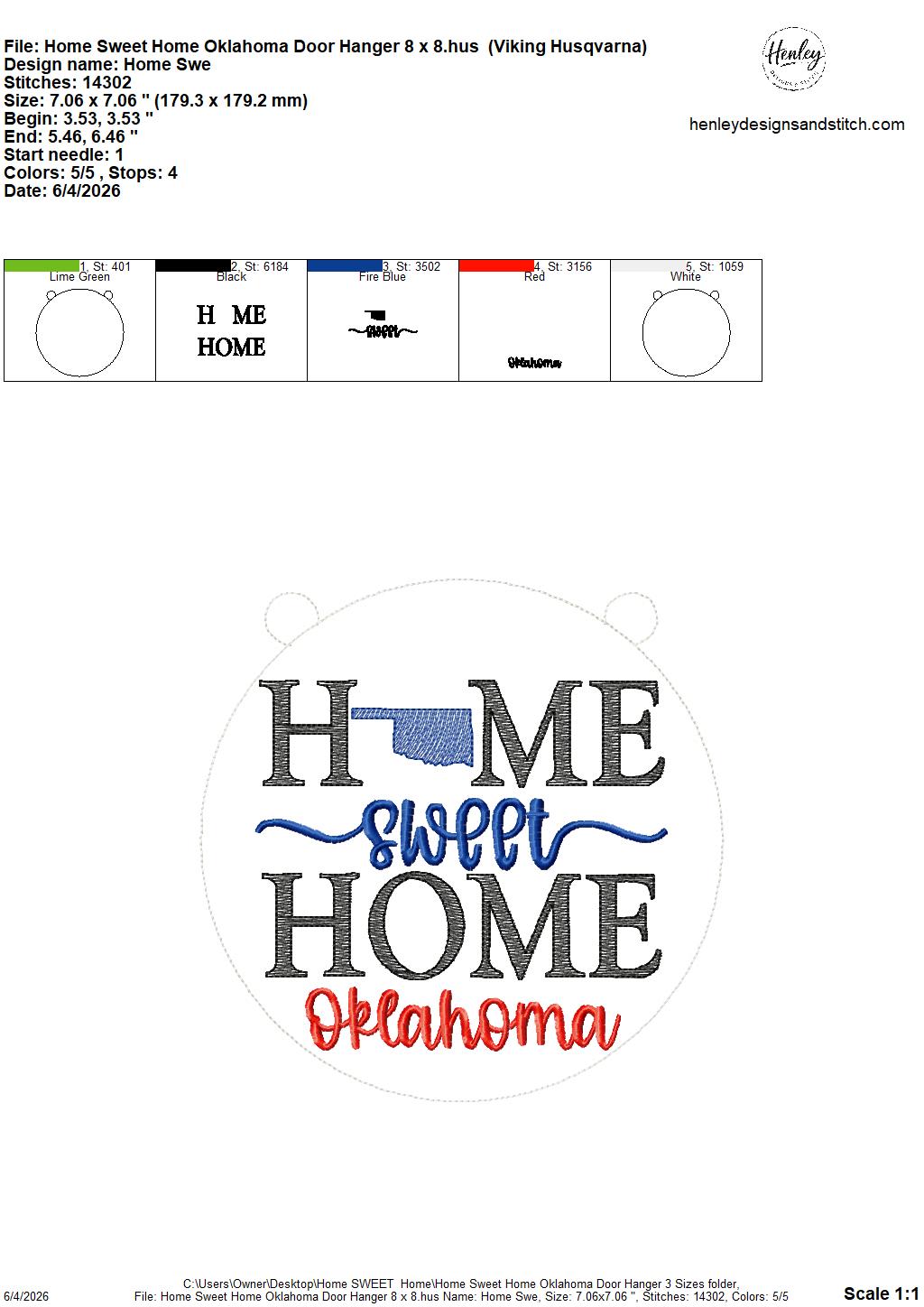 Home Sweet Home – Oklahoma – DOOR HANGER – 5 x 7, 8 x 8, and 6 x 10 In The Hoop – DIGITAL Embroidery DESIGN
