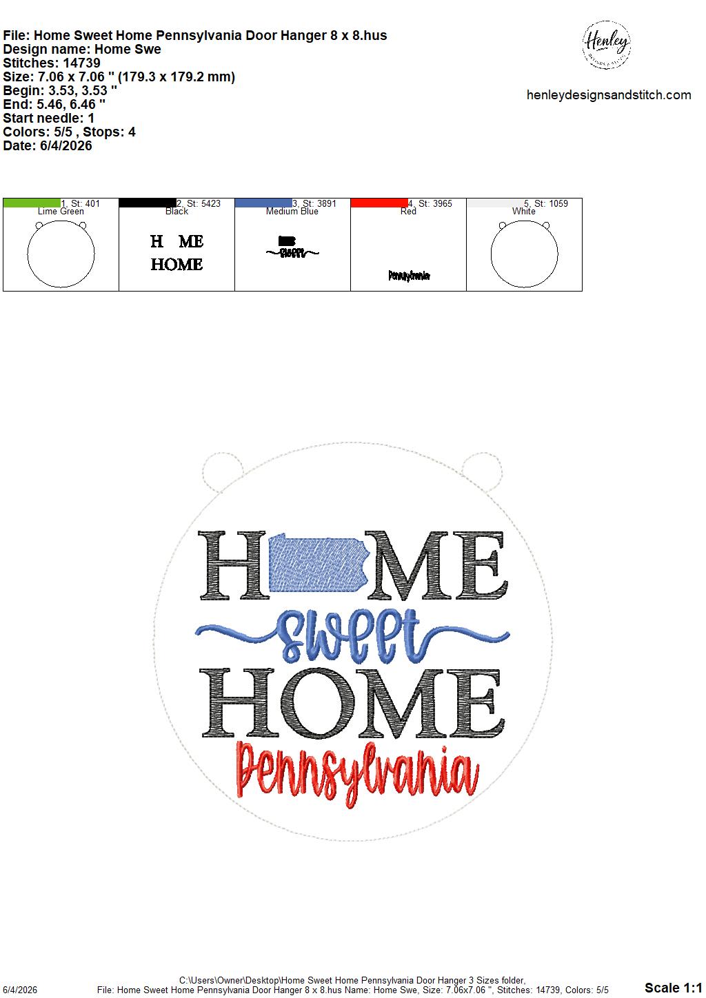 Home Sweet Home – Pennsylvania – DOOR HANGER – 5 x 7, 8 x 8, and 6 x 10 In The Hoop – DIGITAL Embroidery DESIGN