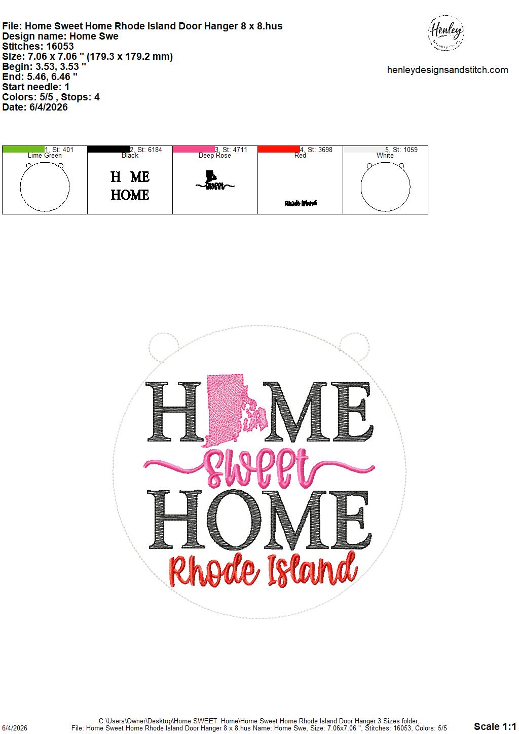 Home Sweet Home – Rhode Island – DOOR HANGER – 5 x 7, 8 x 8, and 6 x 10 In The Hoop – DIGITAL Embroidery DESIGN