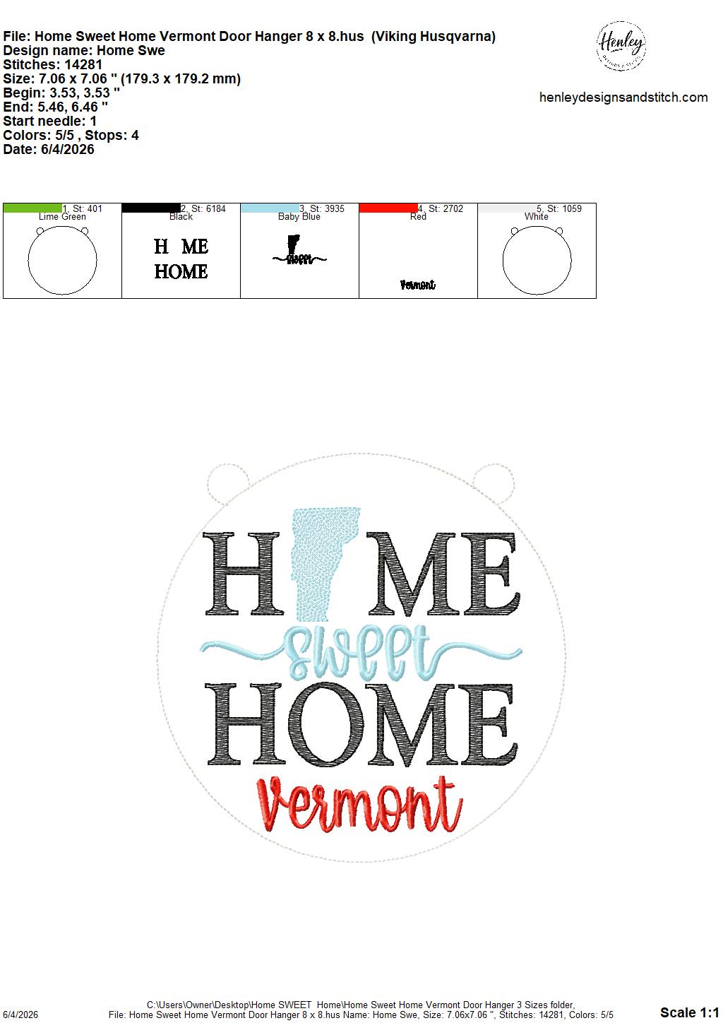 Home Sweet Home – Vermont – DOOR HANGER – 5 x 7, 8 x 8, and 6 x 10 In The Hoop – DIGITAL Embroidery DESIGN