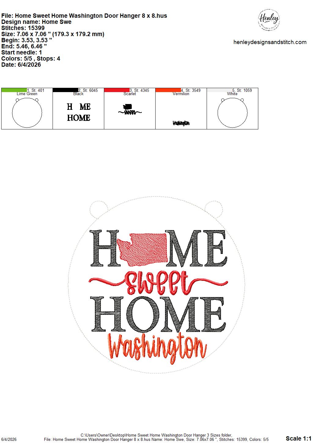 Home Sweet Home – Washington – DOOR HANGER – 5 x 7, 8 x 8, and 6 x 10 In The Hoop – DIGITAL Embroidery DESIGN