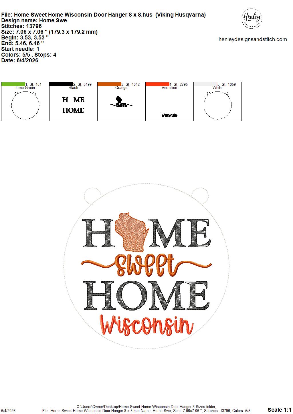 Home Sweet Home – Wisconsin – DOOR HANGER – 5 x 7, 8 x 8, and 6 x 10 In The Hoop – DIGITAL Embroidery DESIGN