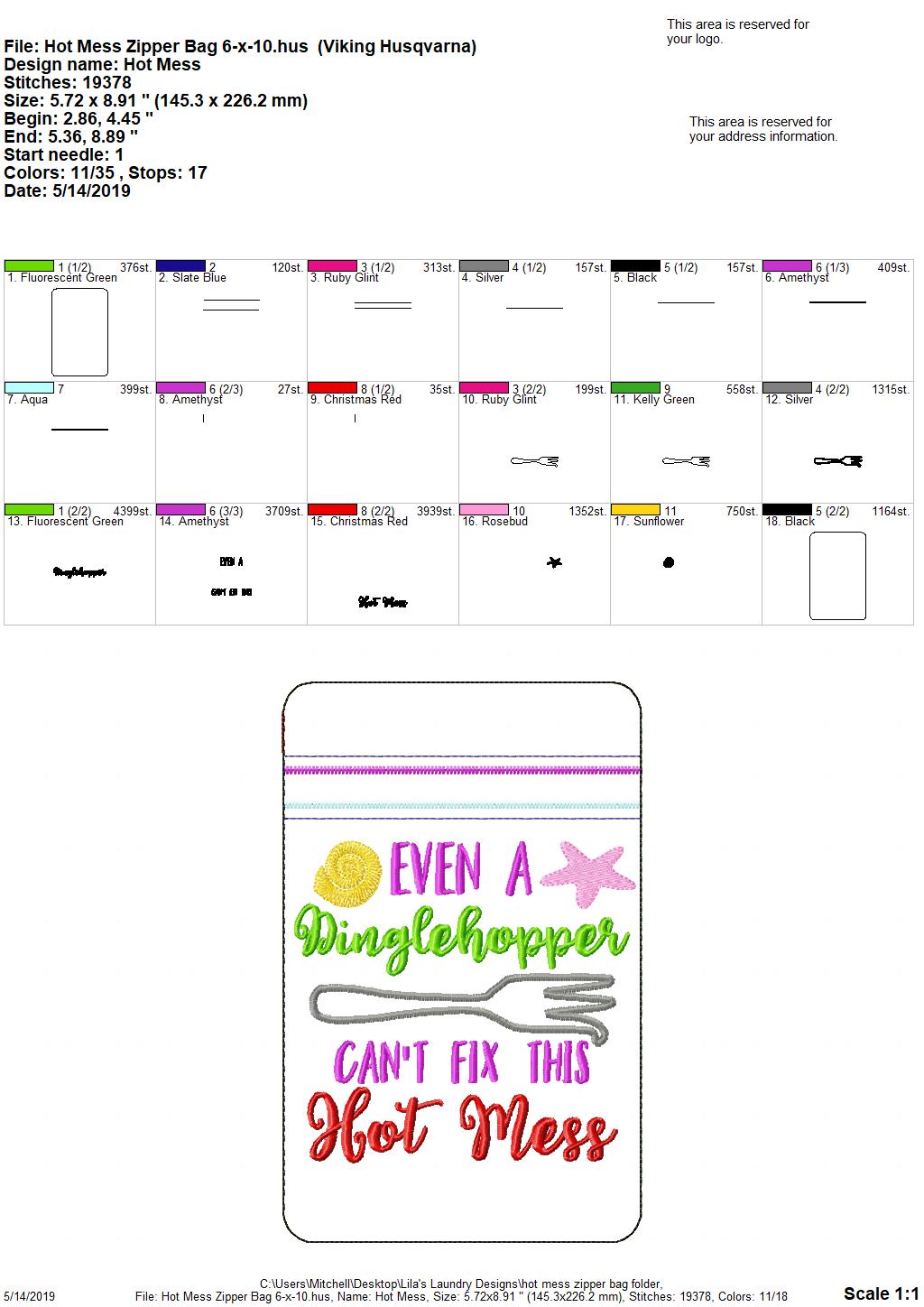 ITH - Even A Dinglehopper Can't Fix this Hot Mess Zipper Bag 5x7 & 6x10 - Digital Embroidery Design