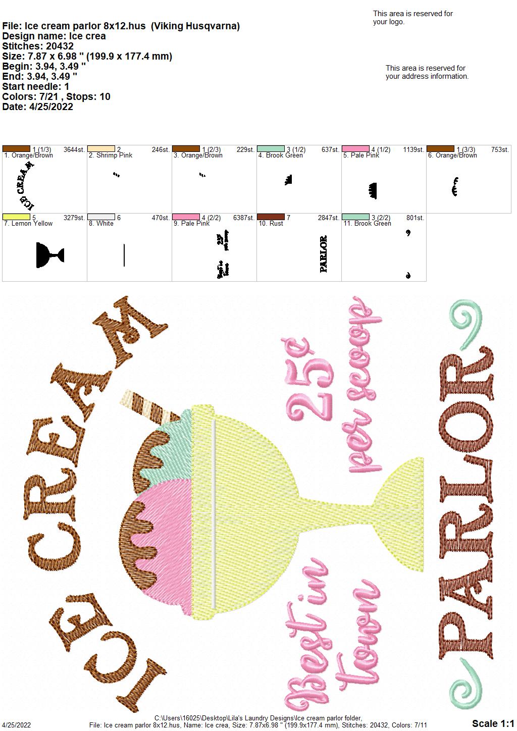 Ice Cream Parlor - 3 sizes- Digital Embroidery Design