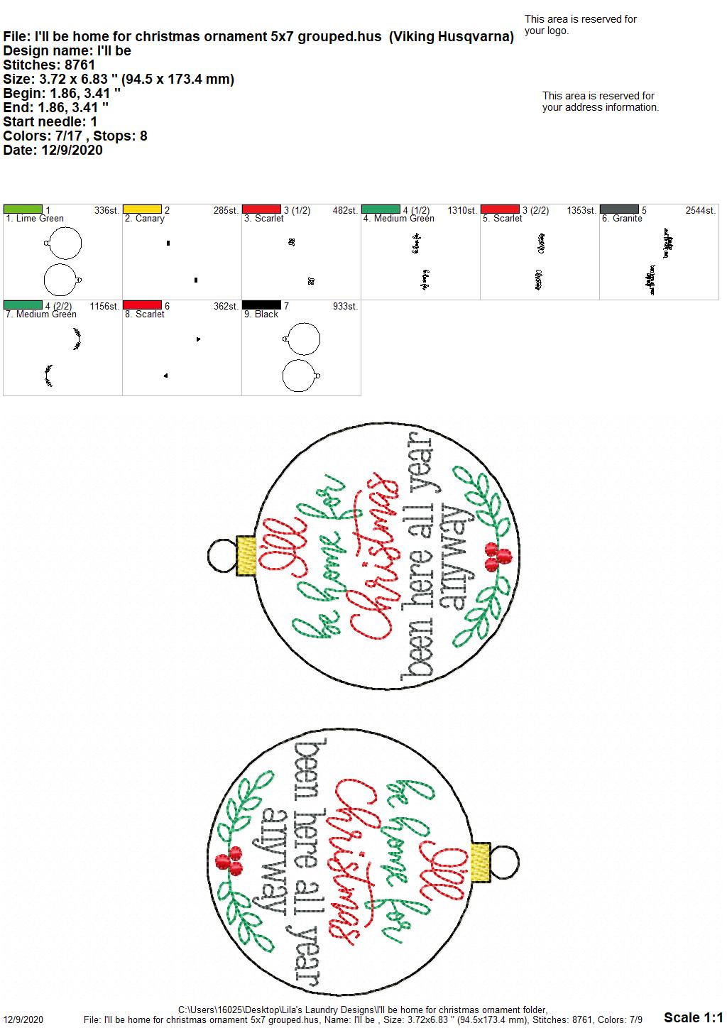 I'll be Home for Christmas Ornament - Digital Embroidery Design