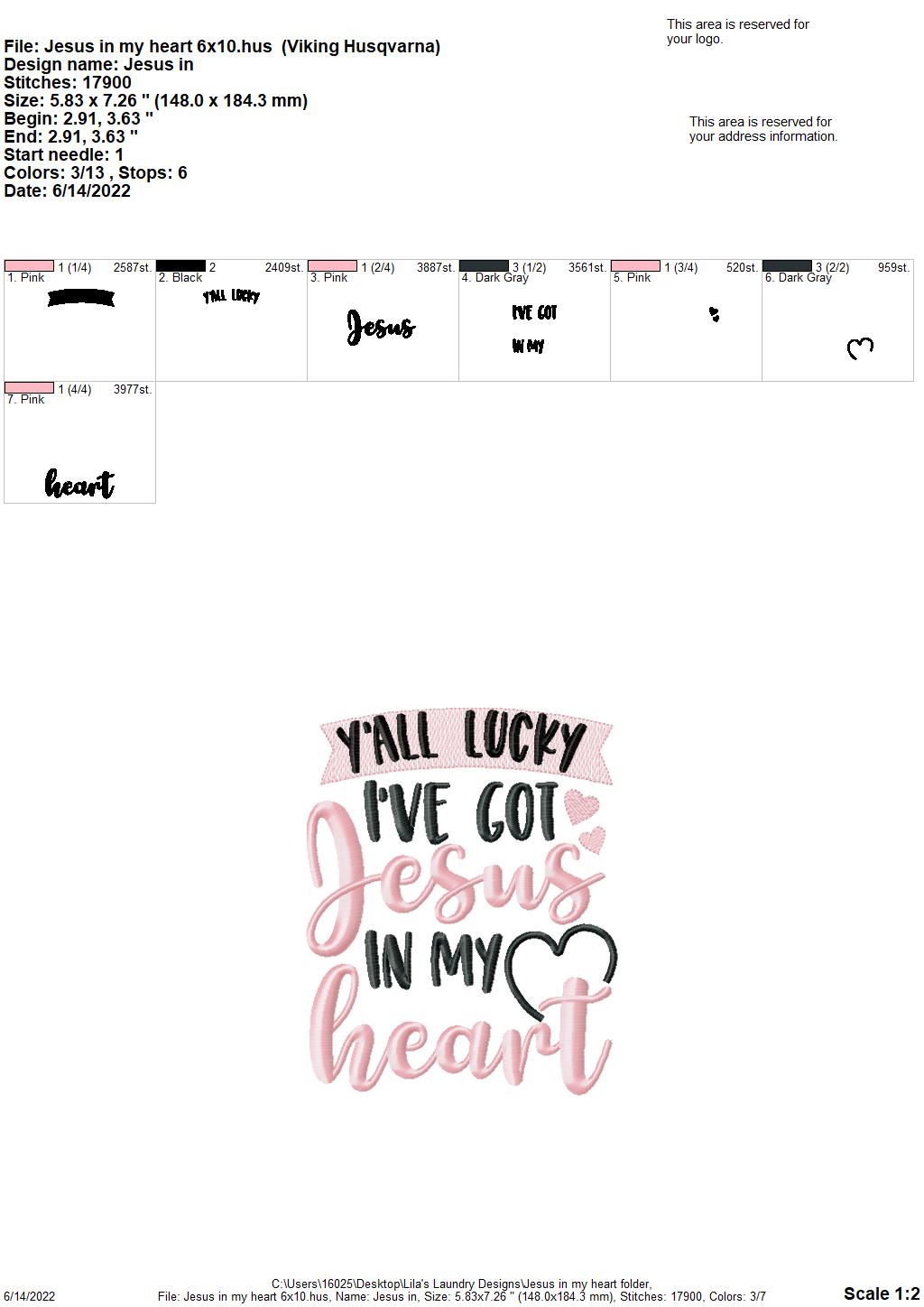 Jesus in my Heart - 3 sizes- Digital Embroidery Design