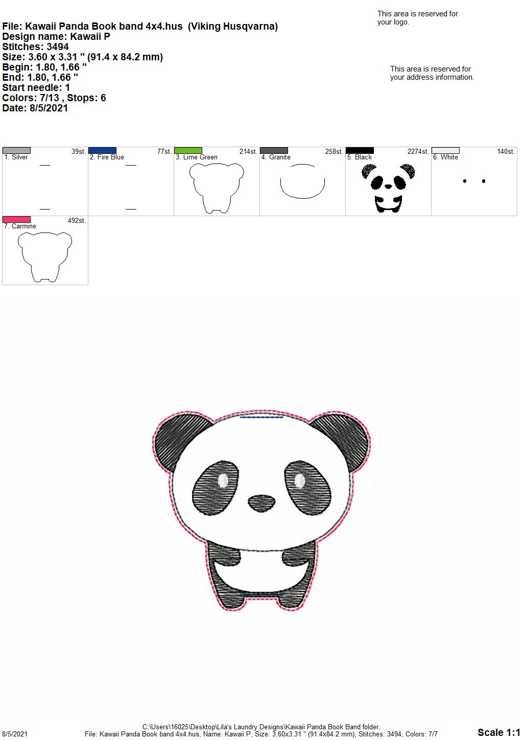Kawaii Panda Book Band - Embroidery Design, Digital File