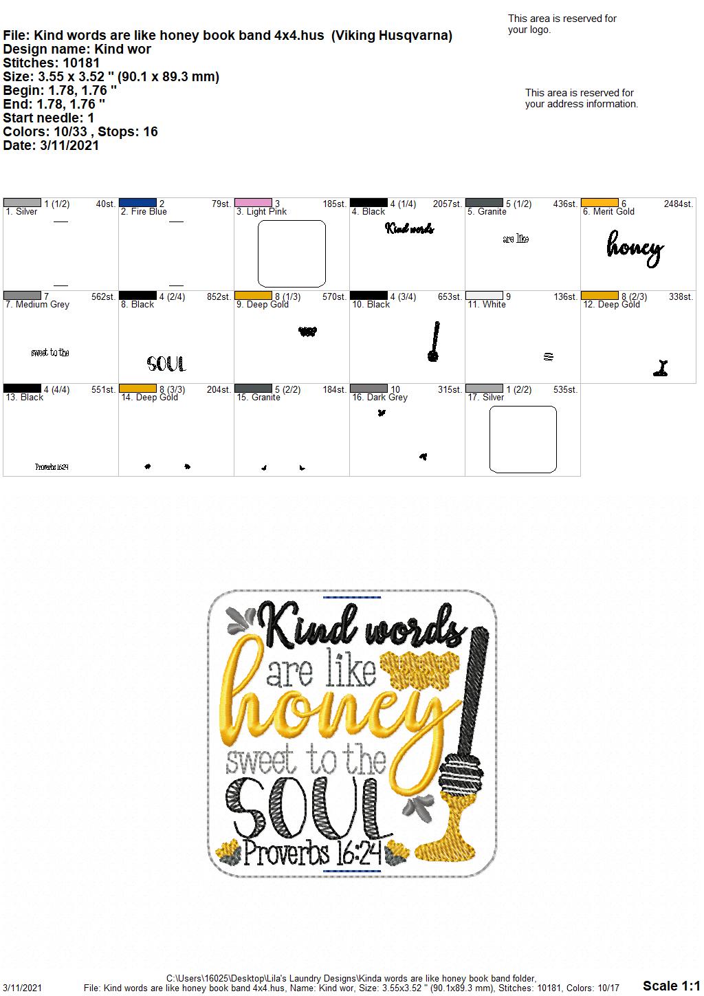 Kind words are like honey Book Band - Embroidery Design, Digital File