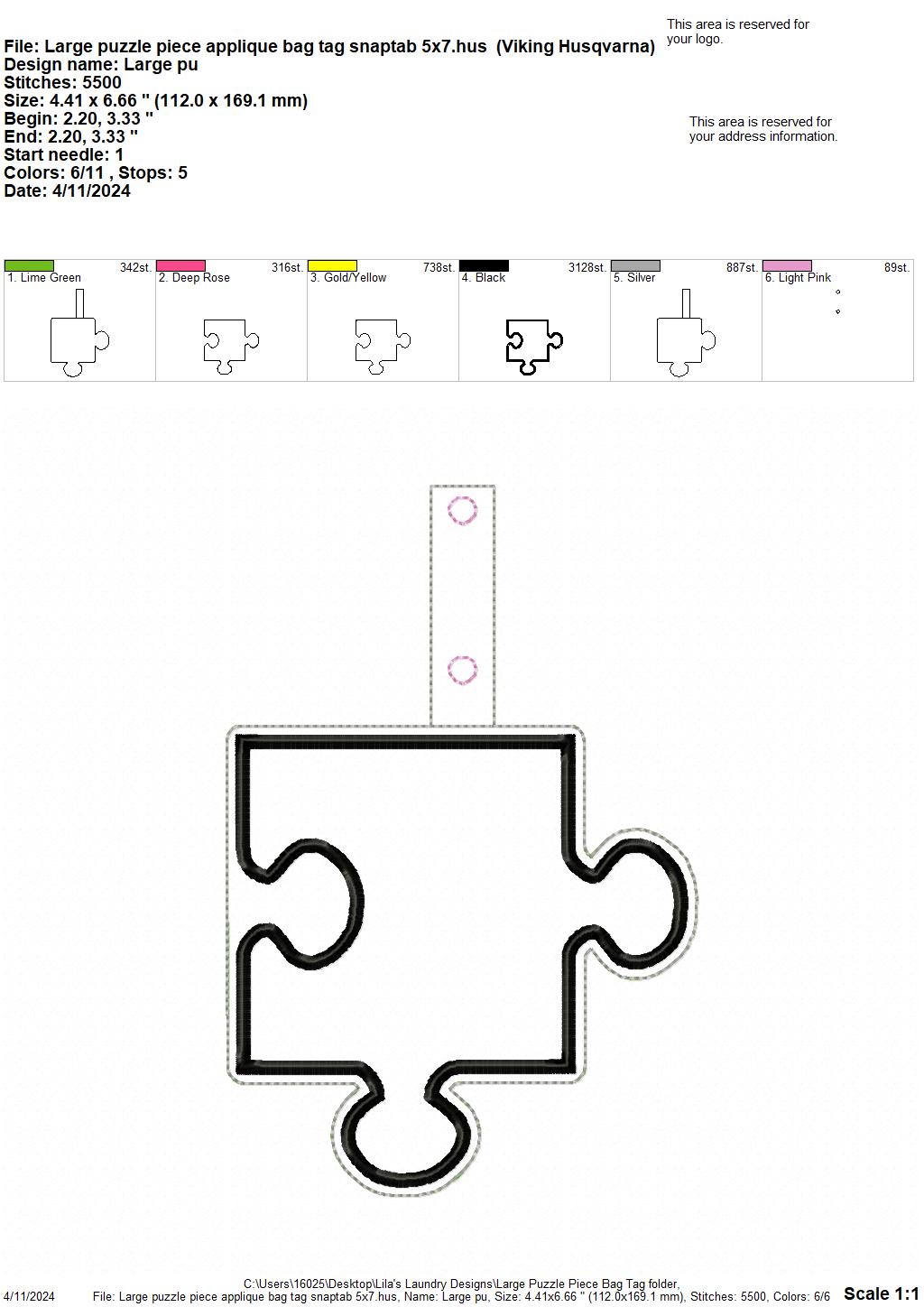 Large Puzzle Piece Bag Tag - 5x7 only - Digital Embroidery Design