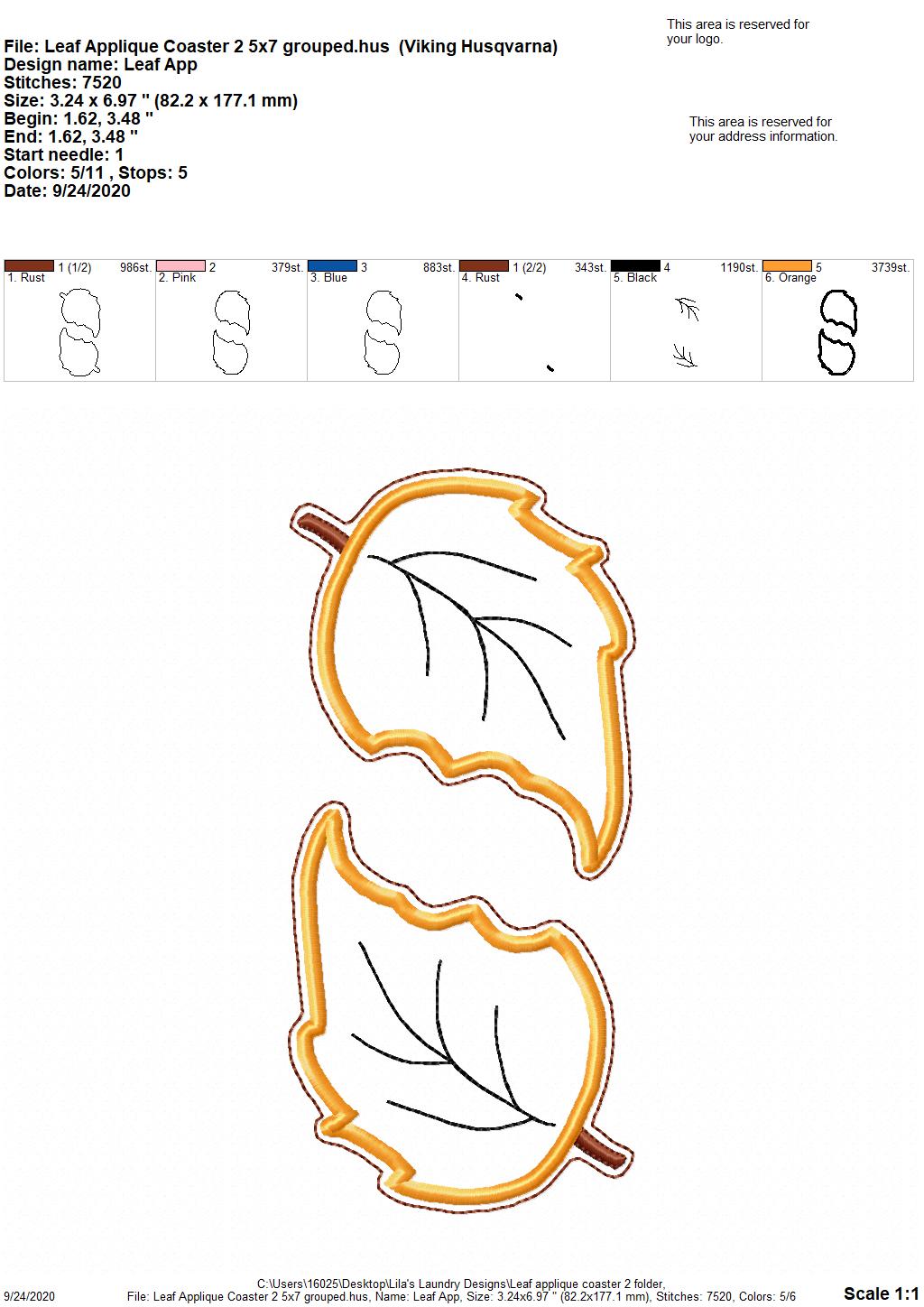 Leaf Applique Coaster 2 4x4 - DIGITAL Embroidery DESIGN