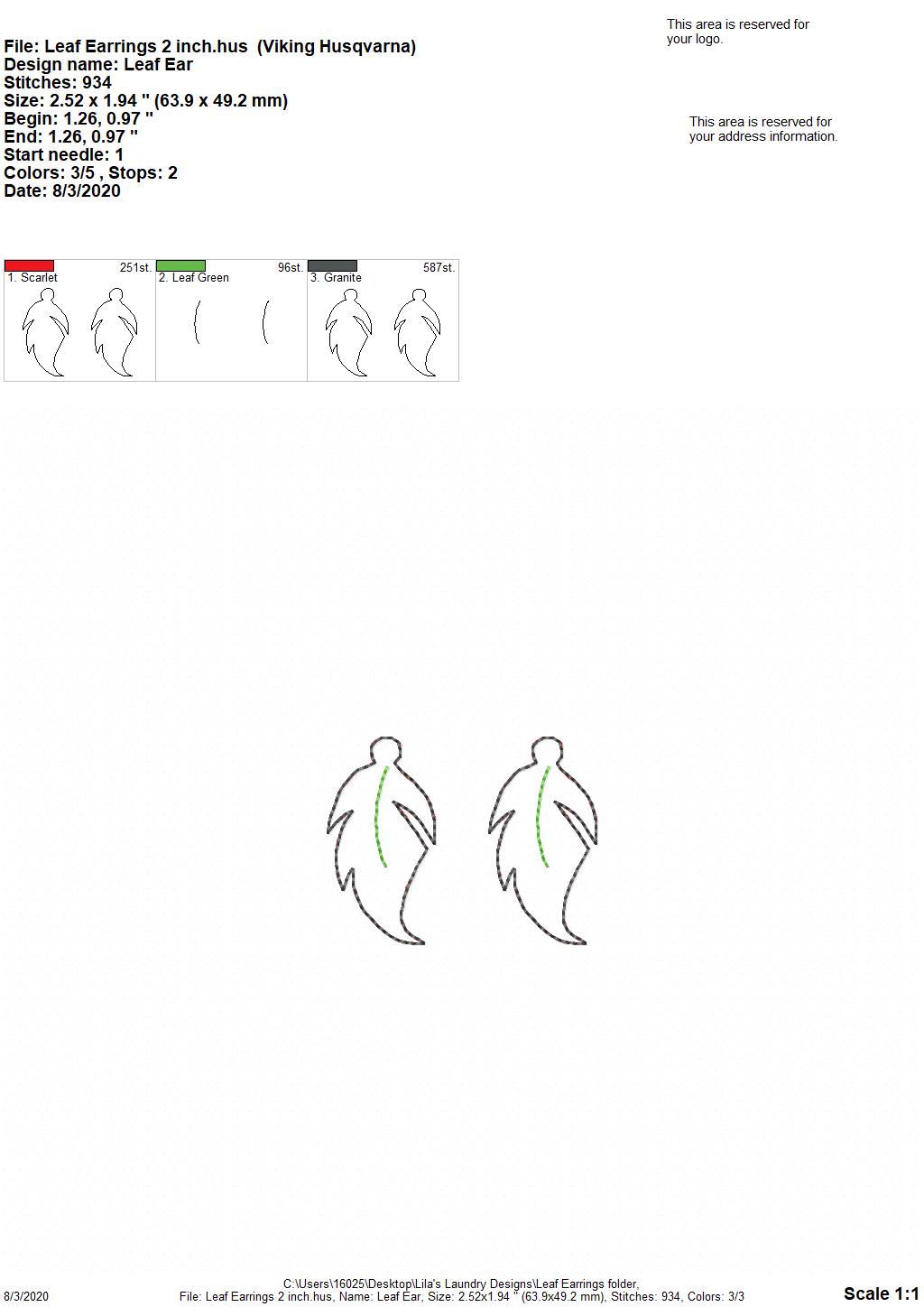 Leaf Earrings - 3 sizes - 4x4 and 5x7 Grouped- Digital Embroidery Design