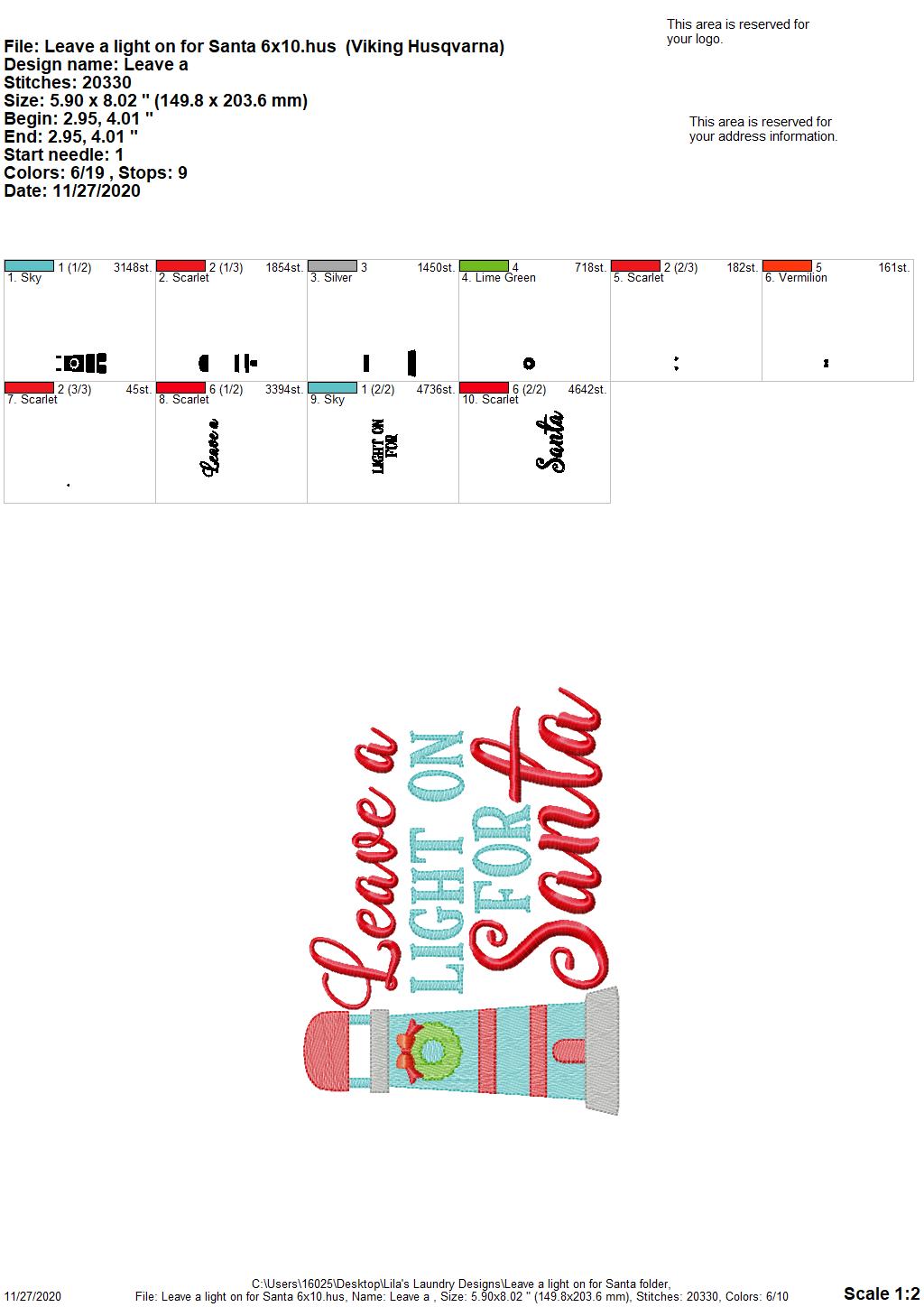 Leave A Light on for Santa - 2 sizes - Digital Embroidery Design