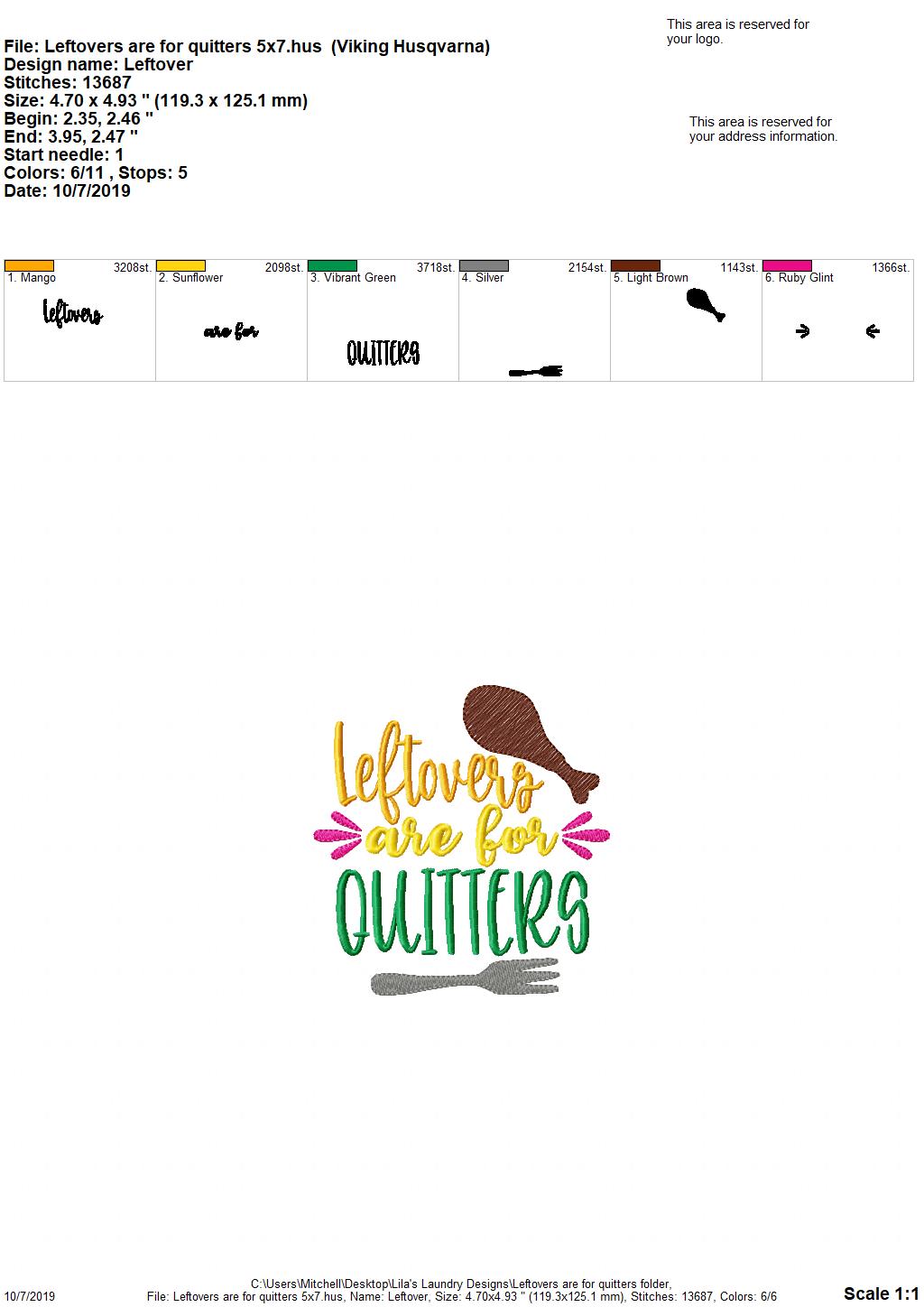 Leftovers are for Quitters 4x4 and 5x7 - digital embroidery design