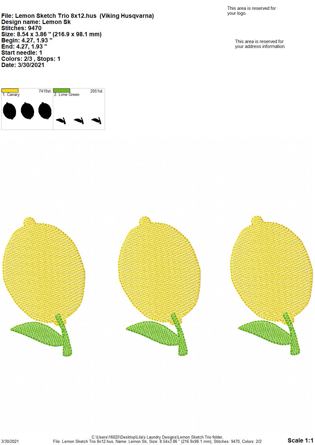 Lemon Sketch Trio - 3 sizes- Digital Embroidery Design