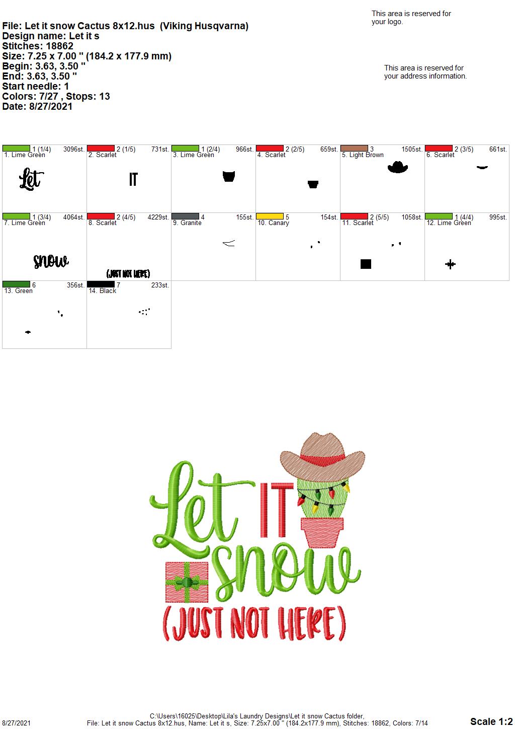 Let it snow cactus - 4 sizes- Digital Embroidery Design