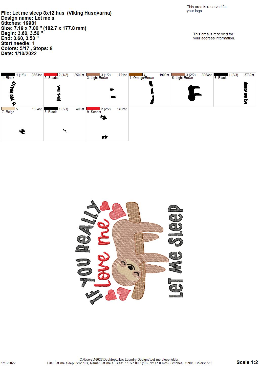 Let Me Sleep - 4 sizes- Digital Embroidery Design