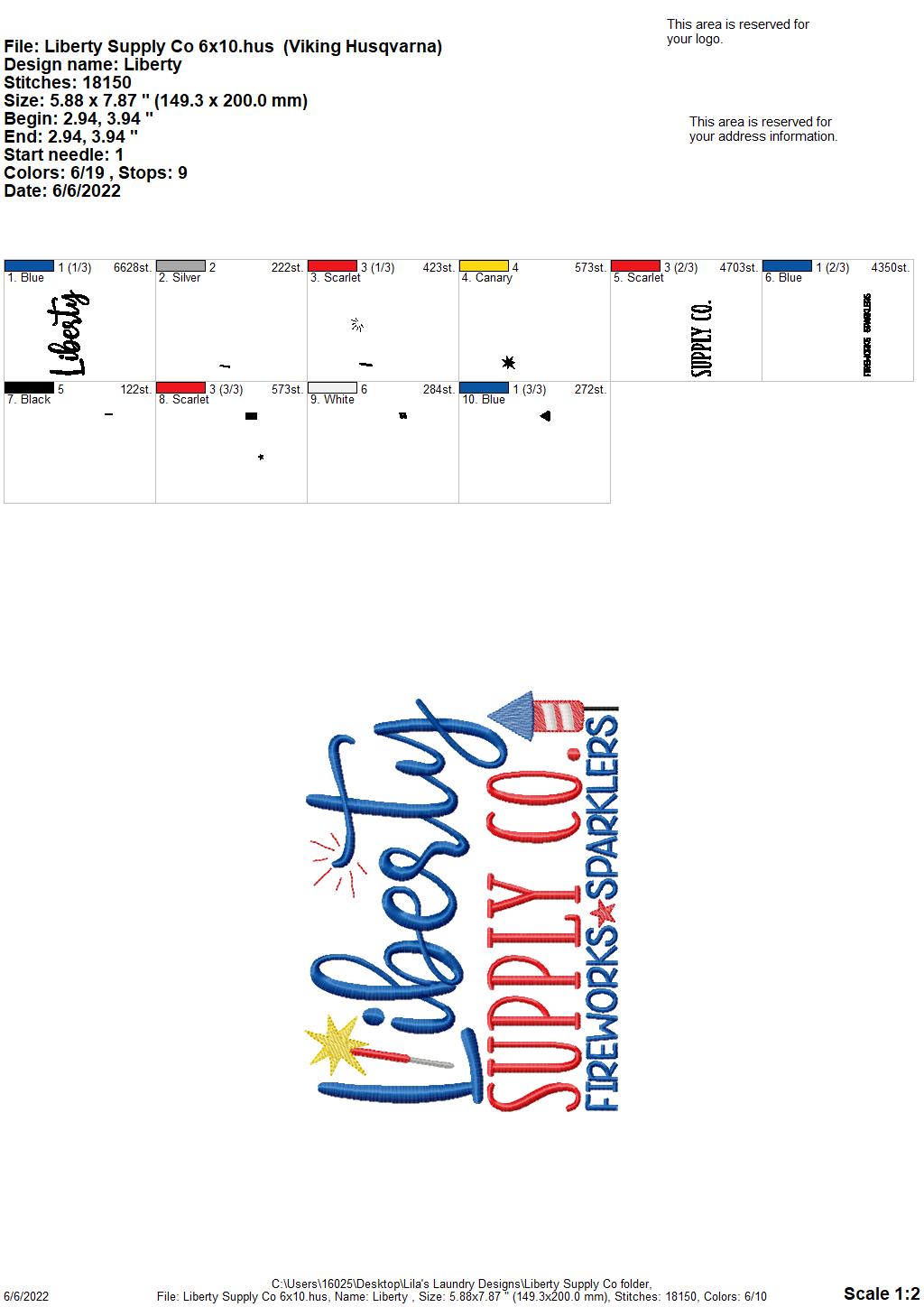 Liberty Supply Co. - 2 sizes- Digital Embroidery Design