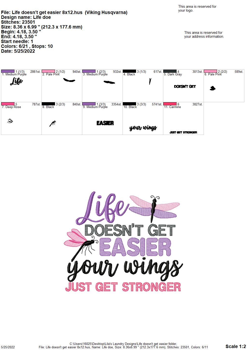 Life Doesn't Get Easier - 3 sizes- Digital Embroidery Design