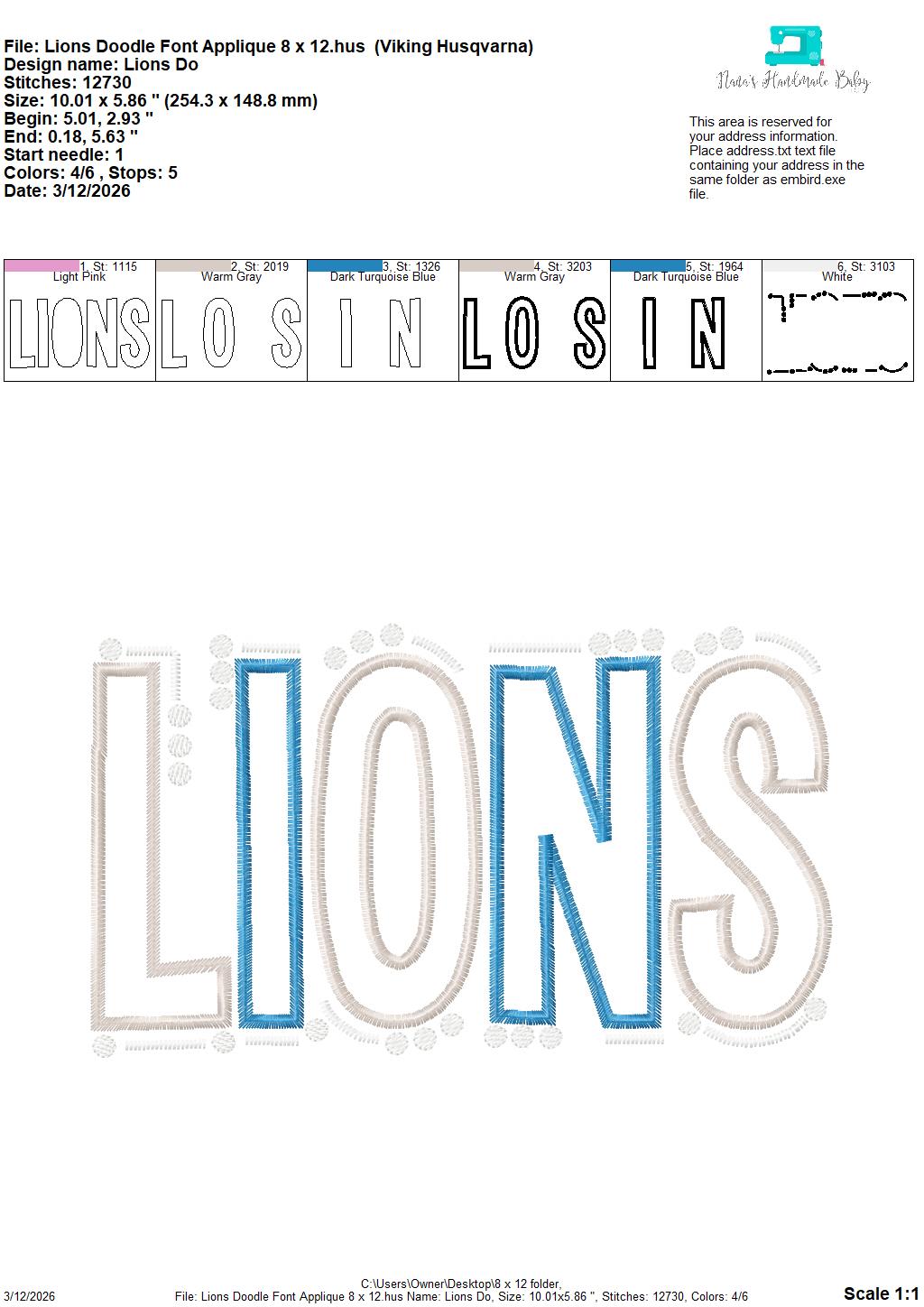Lions Doodle Font Applique – 4 x 4, 5 x 7, 6 x 10 and 8 x 12 – DIGITAL Embroidery Design
