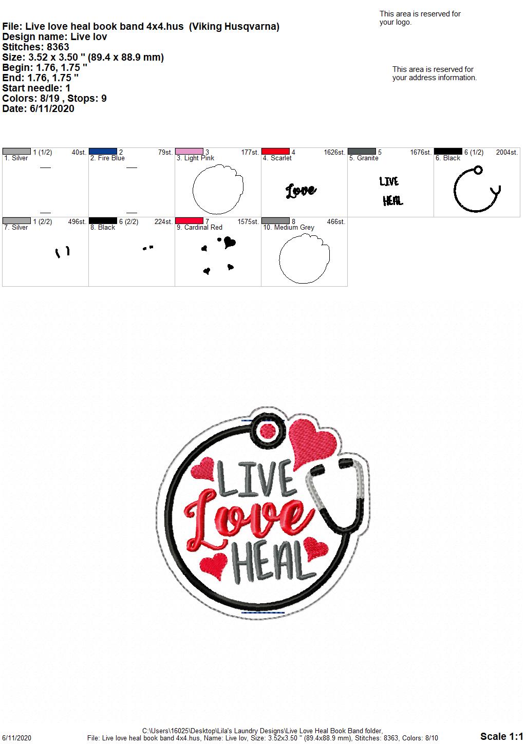 Live Love Heal Book Band - Digital Embroidery Design