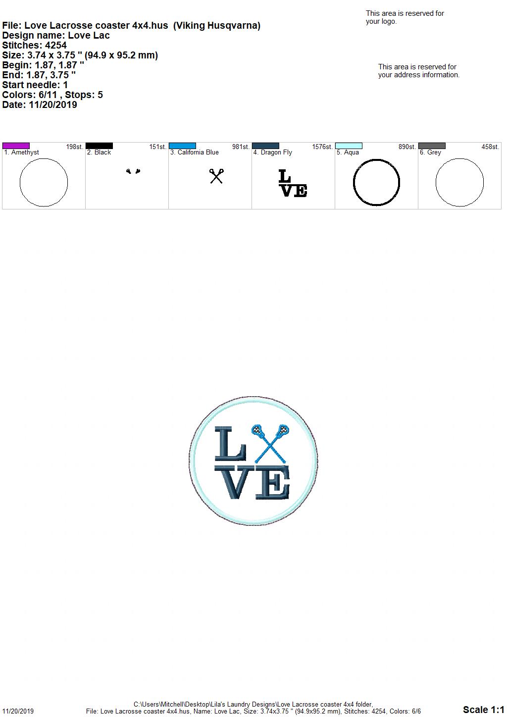 Love Lacrosse Coaster 4x4 - DIGITAL Embroidery DESIGN