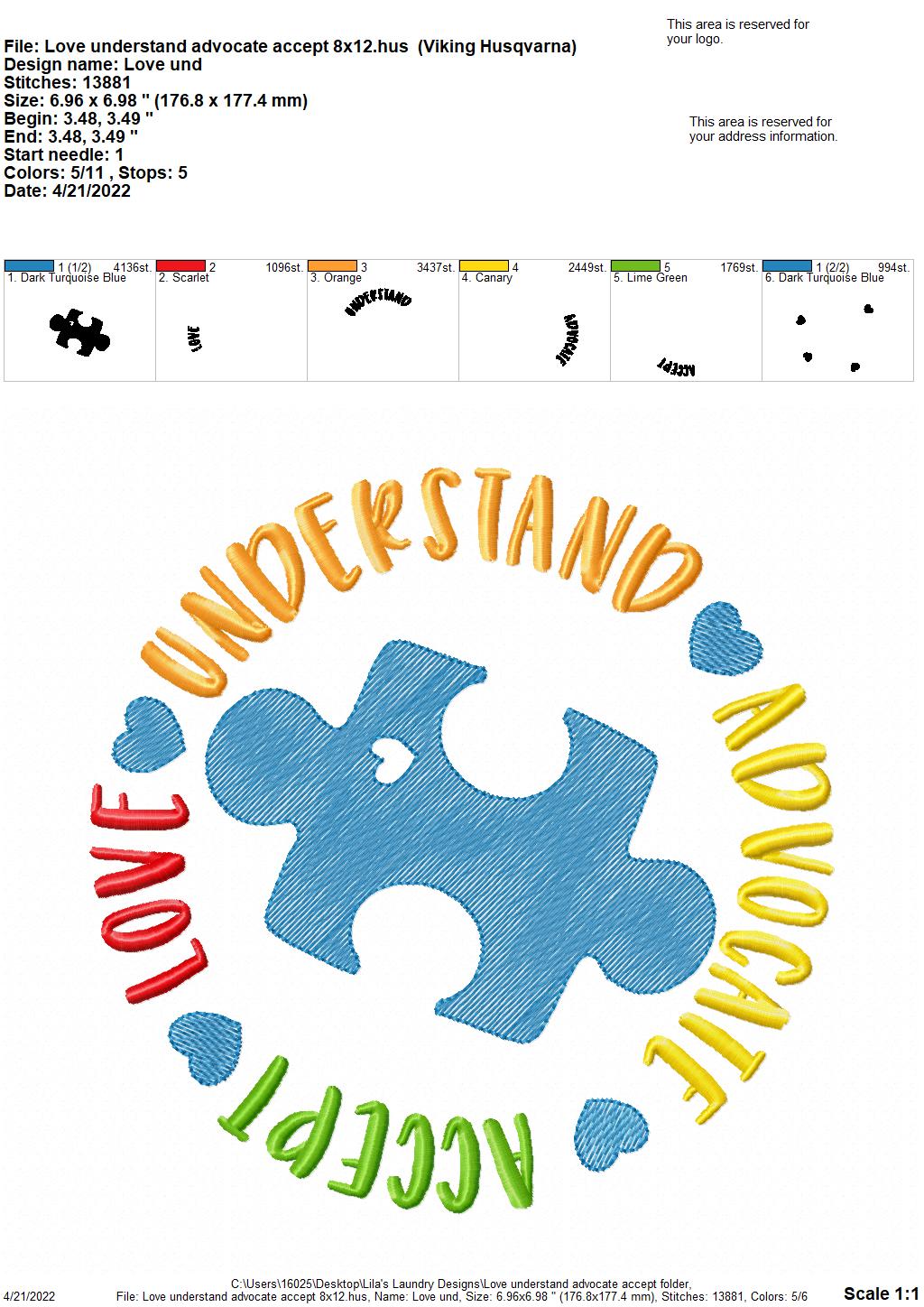 Love Understand Advocate Accept - 4 sizes- Digital Embroidery Design
